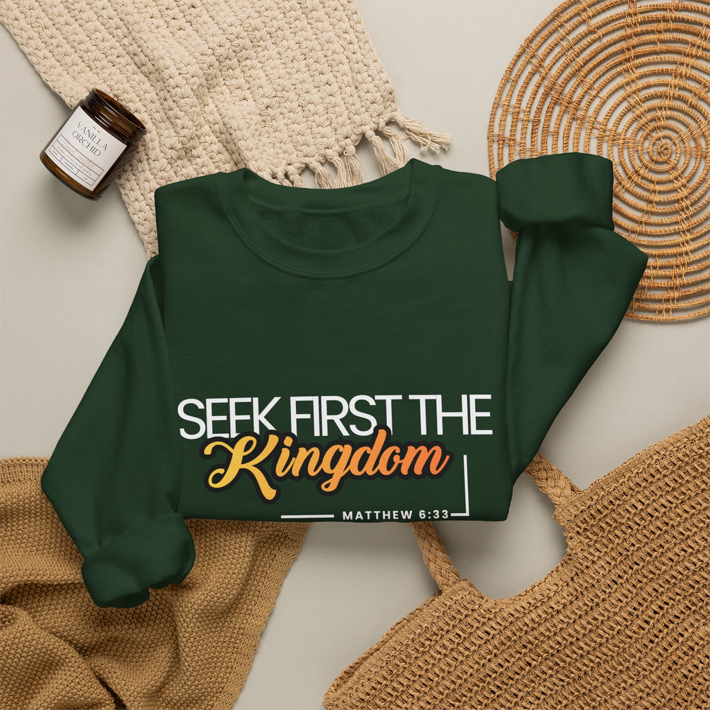 Christian Crewneck Sweatshirt "Seek First the Kingdom" Pullover, Matthew 6:33 Scripture Apparel, Inspirational Faith Graphic Sweatshirt