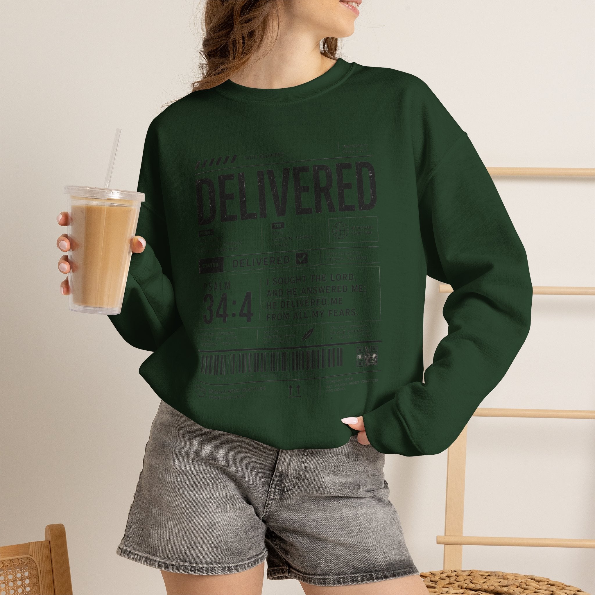 Delivered Sweatshirt — 'Delivered' Typography Crewneck with Psalm 34:4 Design