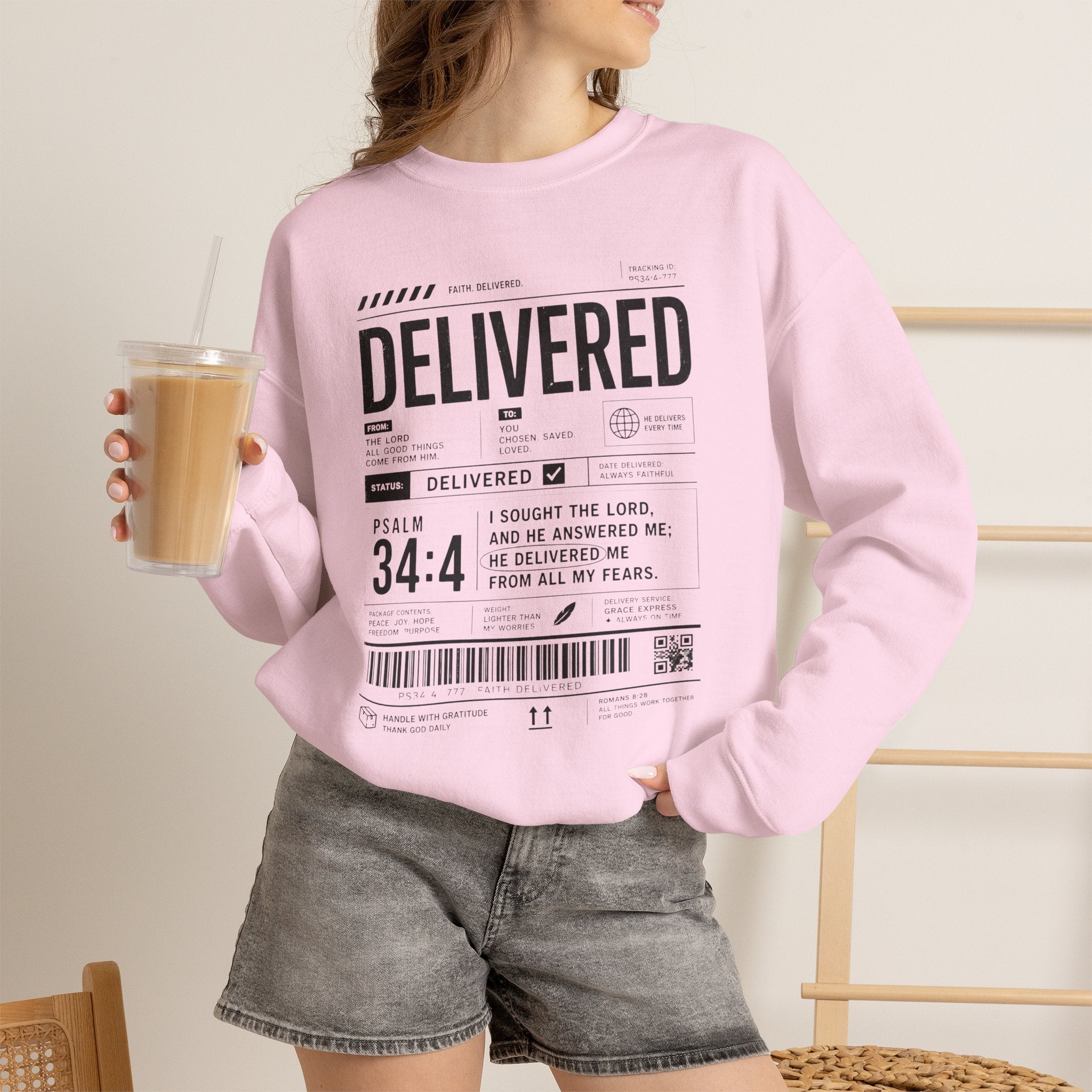 Delivered Sweatshirt — 'Delivered' Typography Crewneck with Psalm 34:4 Design