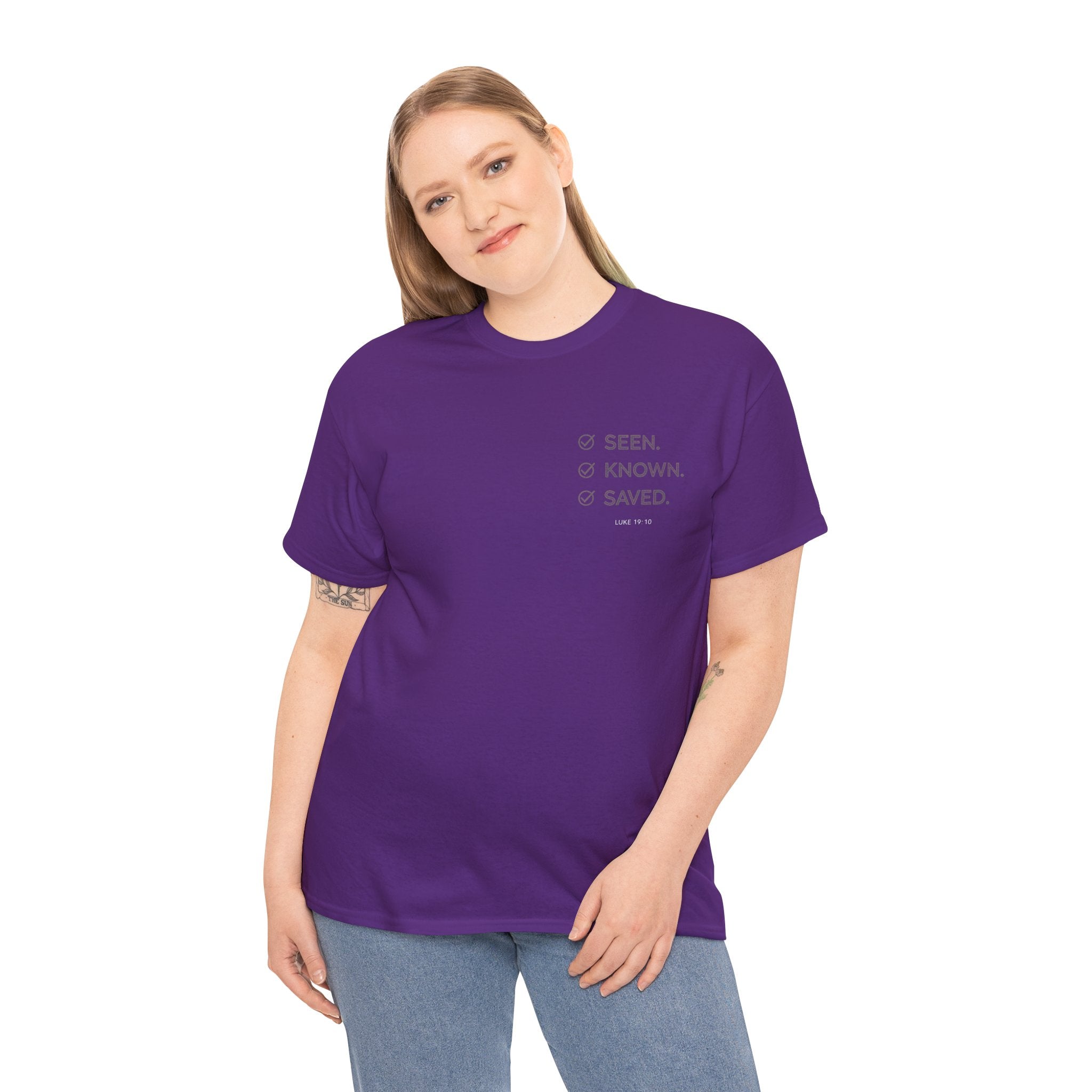 Black Text-Pattern T-Shirt — Seen Known Saved Christian Typography Graphic Tee