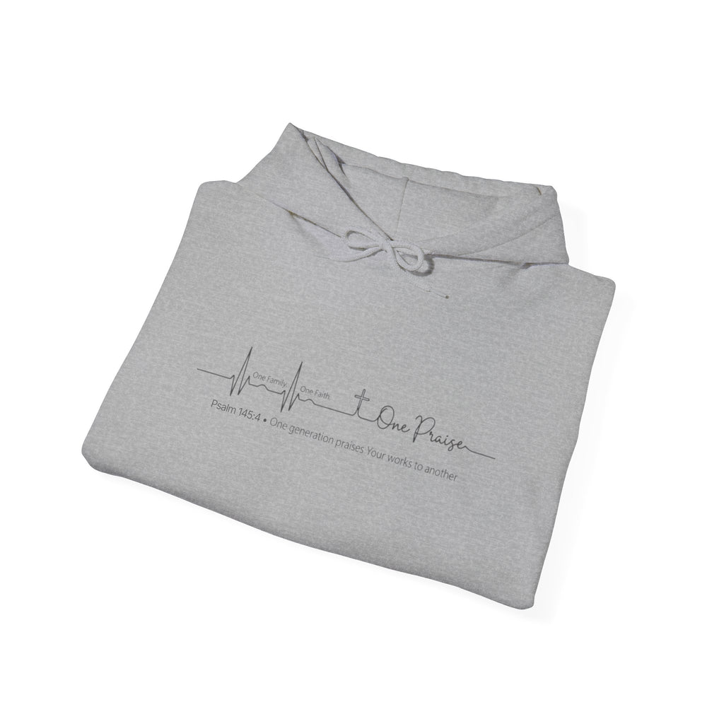 Hoodie "One Faith One Family One Praise" Minimal Heartbeat Faith Script - White Pullover