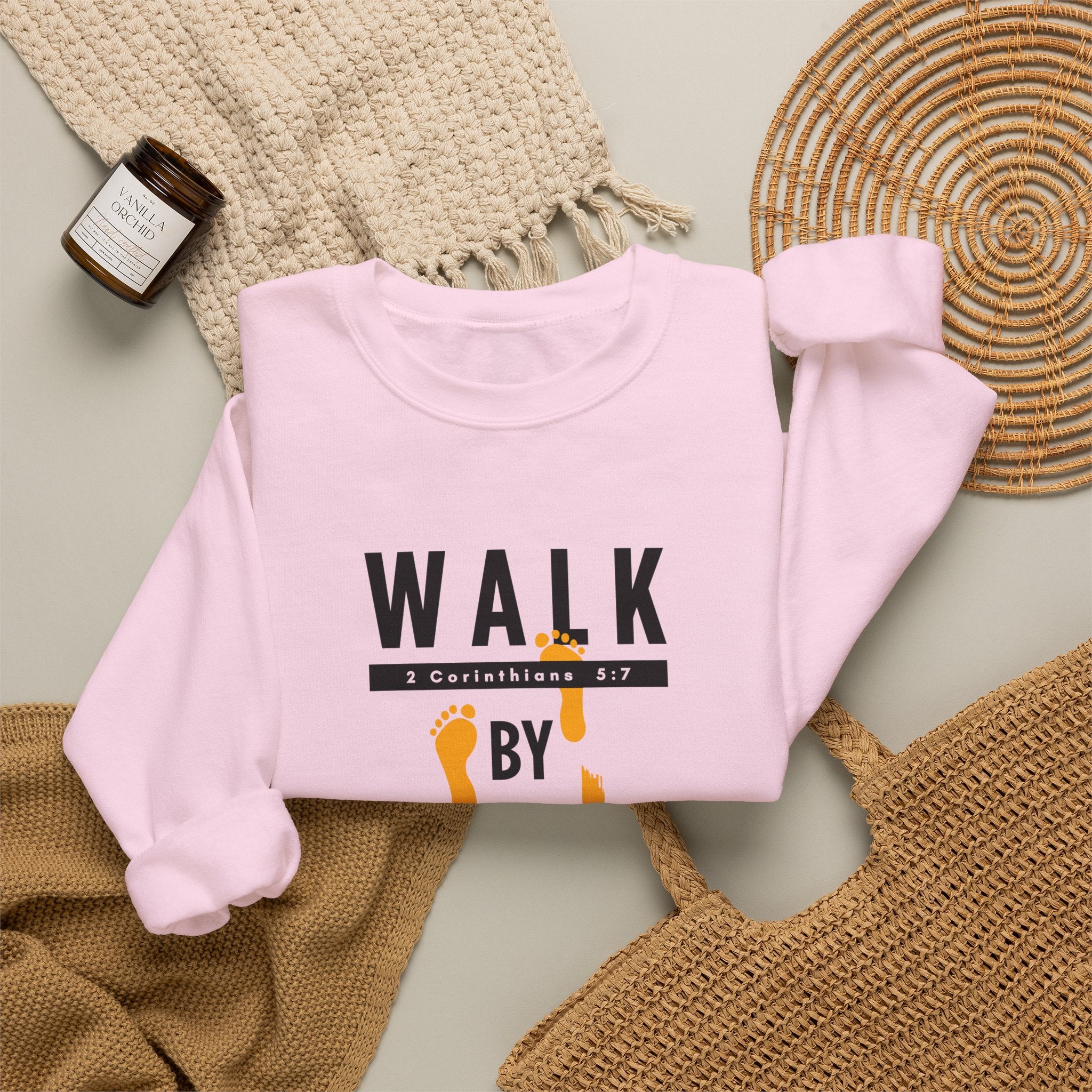 Christian Crewneck Sweatshirt "Walk By Faith" Pullover, 2 Corinthians 5:7 Apparel, Inspirational Faith Graphic Sweatshirt
