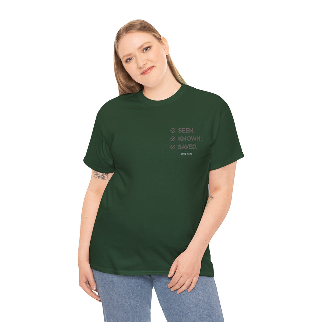 Black Text-Pattern T-Shirt — Seen Known Saved Christian Typography Graphic Tee