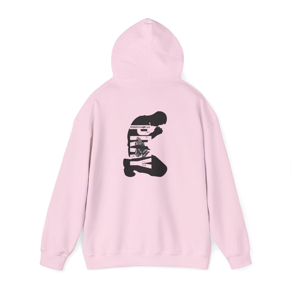 Minimal 'Pray More, Panic Less' Hoodie — Monochrome Graphic Back Print