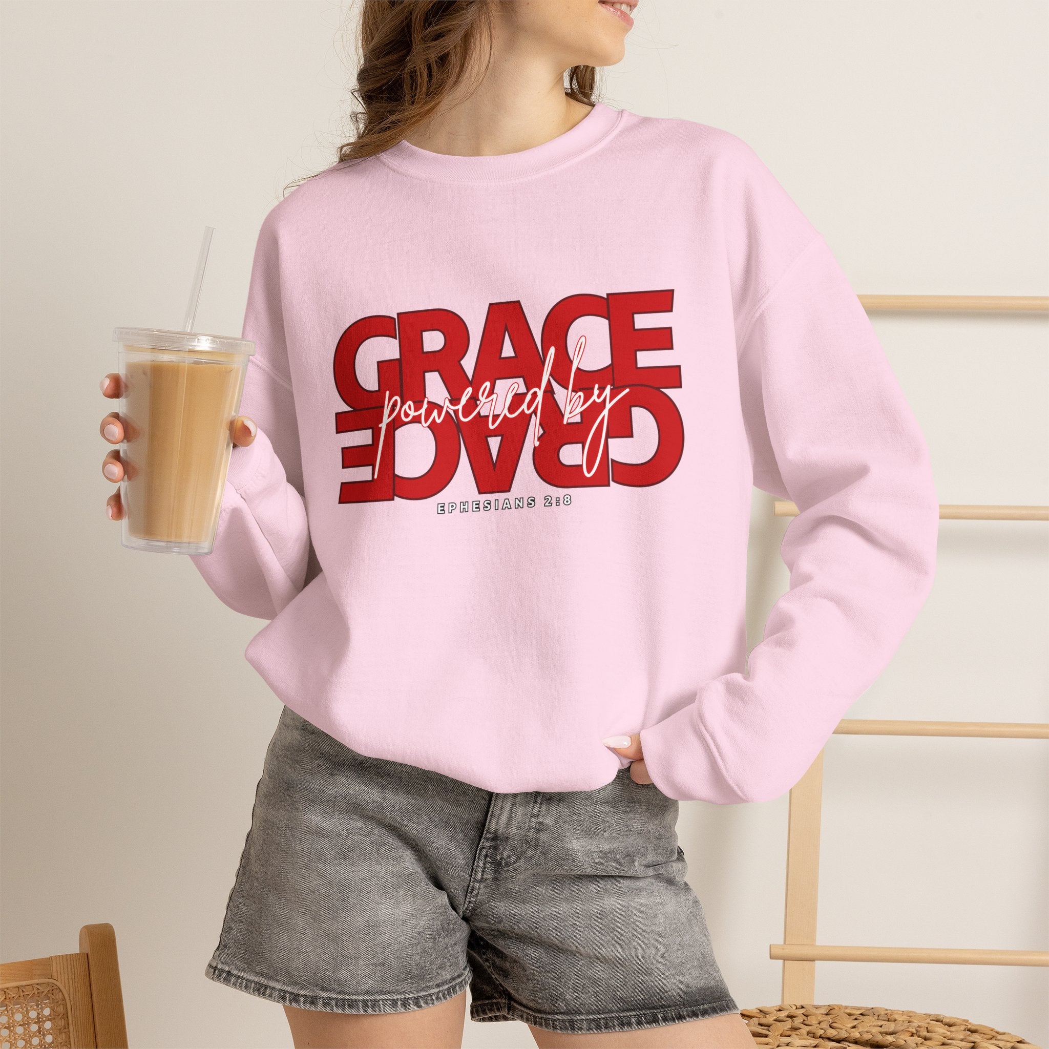 Crewneck Sweatshirt — "Grace Powered By God" Christian Faith Pullover (Ephesians 2:8)