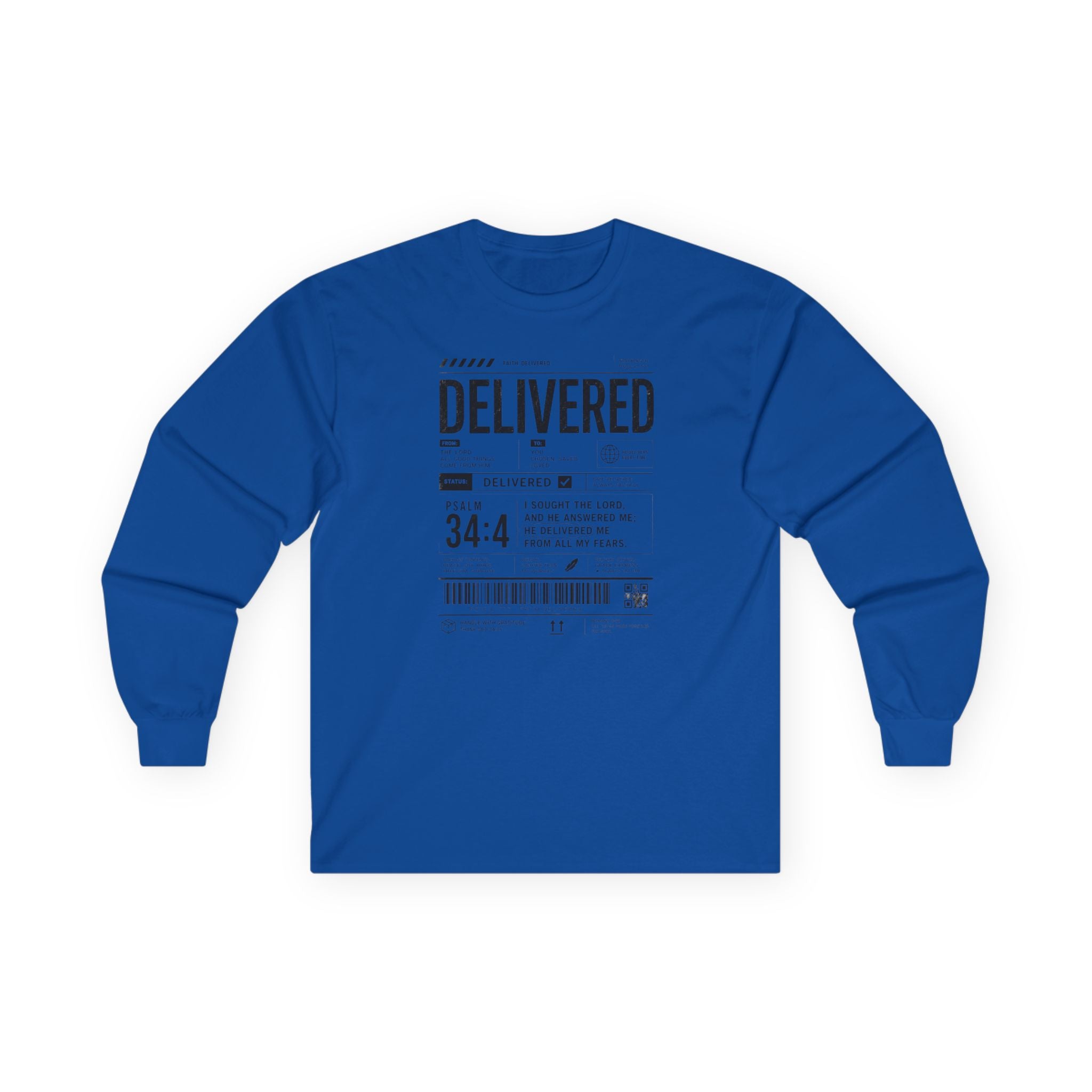 Long Sleeve Christian Tee — 'Delivered' Shipping Label Graphic