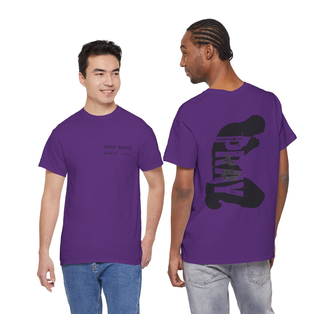 Pray More Tee — "Pray More, Panic Less" Christian Graphic T-Shirt