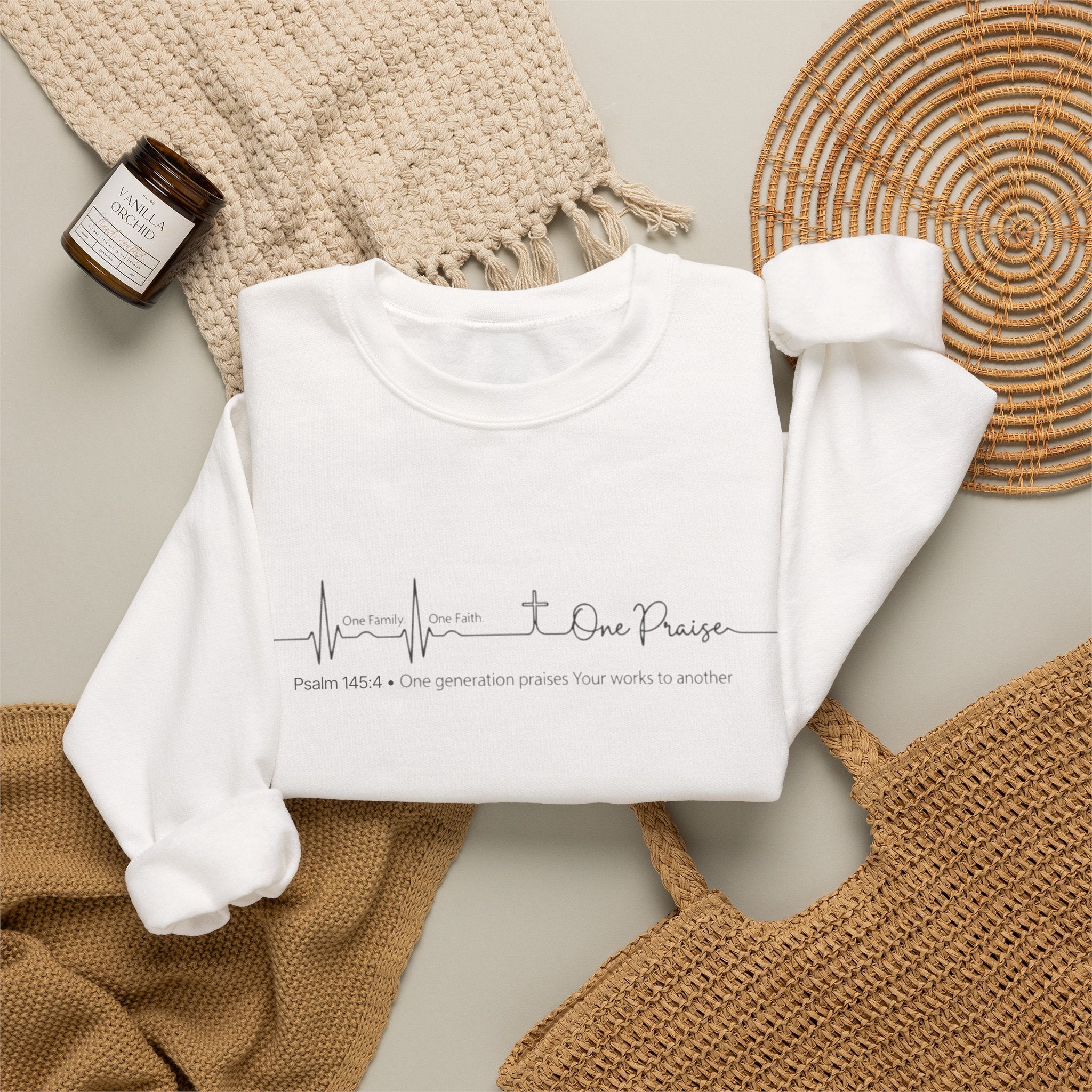 Christian Crewneck Sweatshirt "One Family One Faith One Praise" Pullover, Minimalist Heartbeat Script Apparel, Religious Graphic Sweatshirt