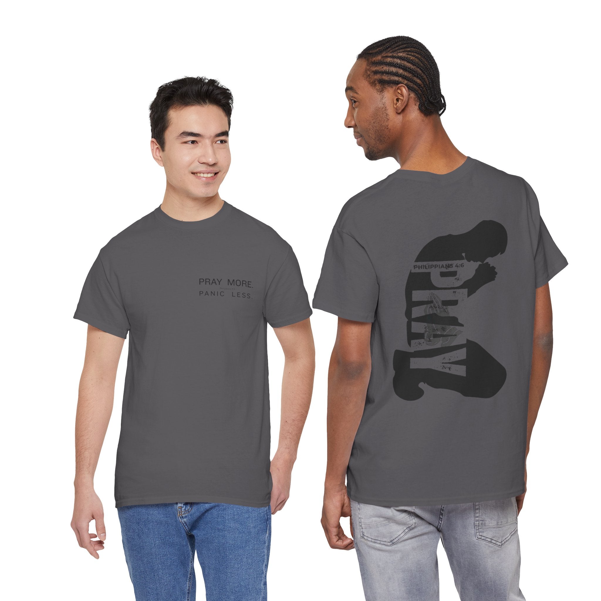 Pray More Tee — "Pray More, Panic Less" Christian Graphic T-Shirt