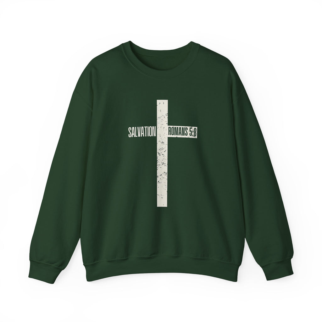 Christian Crewneck Sweatshirt "Salvation" Romans 5:8 Pullover, White Cross Graphic Apparel, Rustic Style Faith Sweatshirt