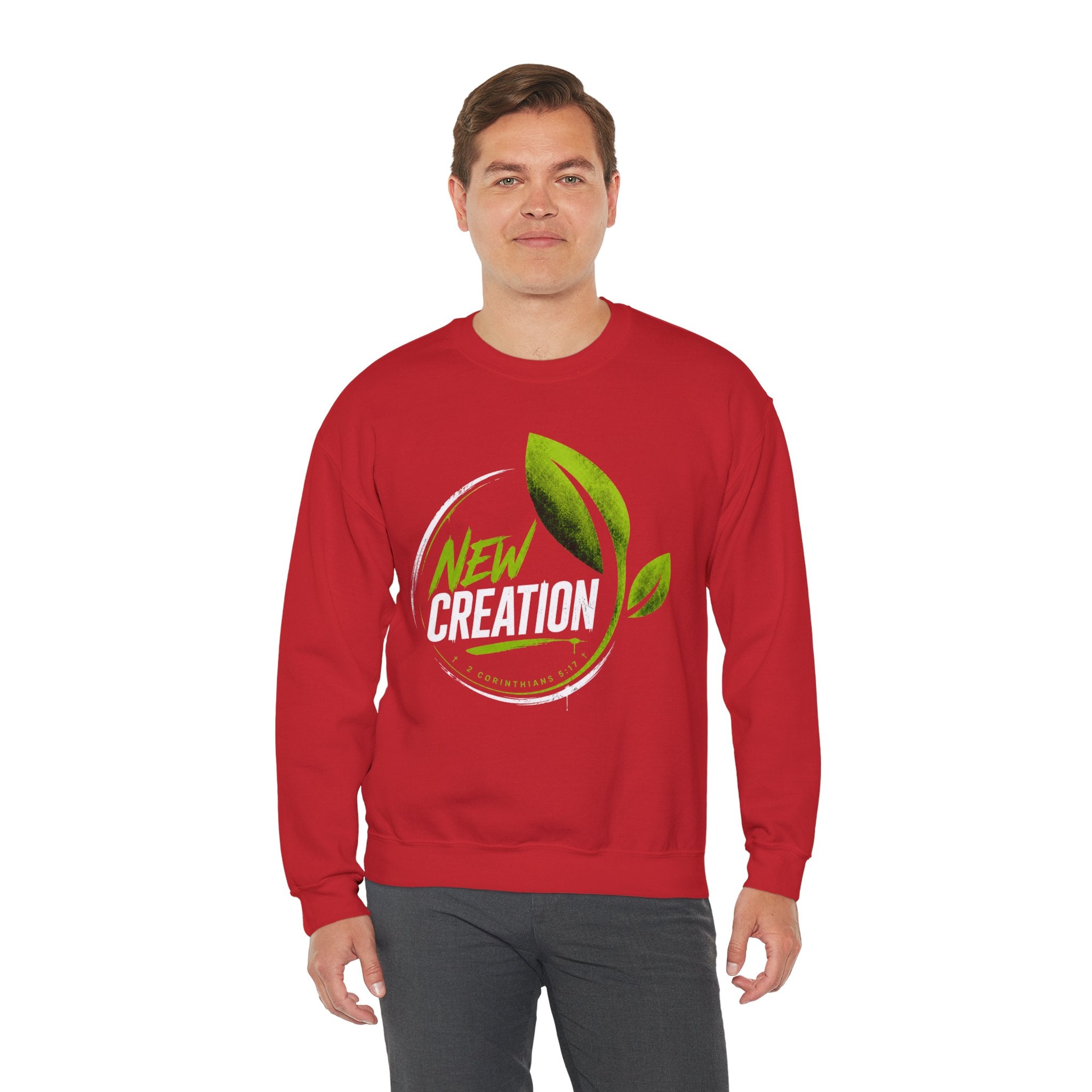 Christian Crewneck Sweatshirt "New Creation" Pullover, 2 Corinthians 5:17 Scripture Apparel, Green Leaf Graphic Sweatshirt