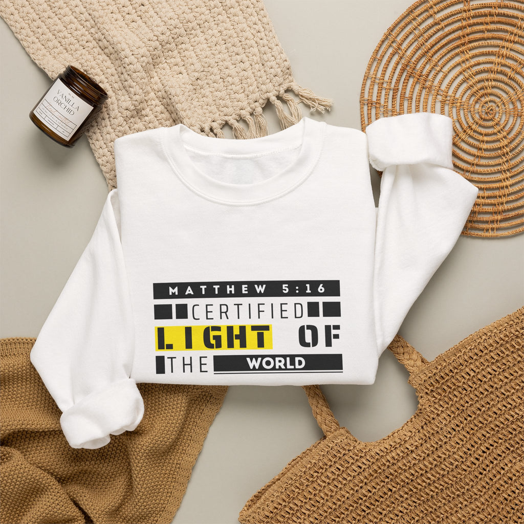 Christian Crewneck Sweatshirt "Certified Light of the World" Pullover, Matthew 5:14 Scripture Apparel, Trendy Faith Graphic Sweatshirt