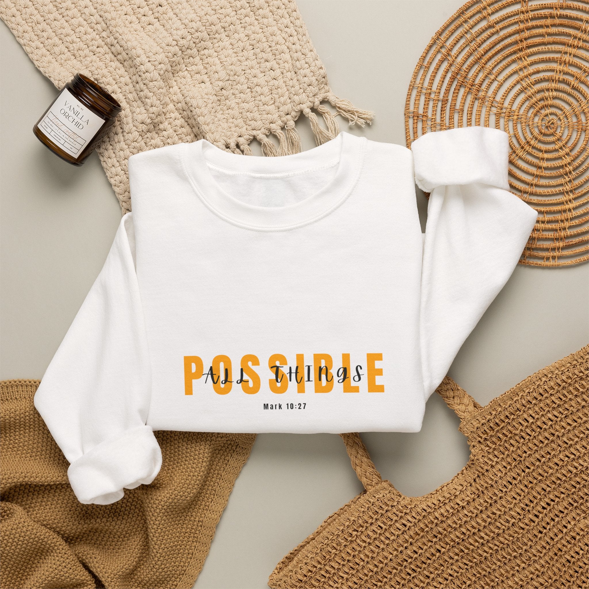 Christian Crewneck Sweatshirt "All Things Possible" Pullover, Inspirational Scripture Apparel, Faith Typography Graphic Sweatshirt