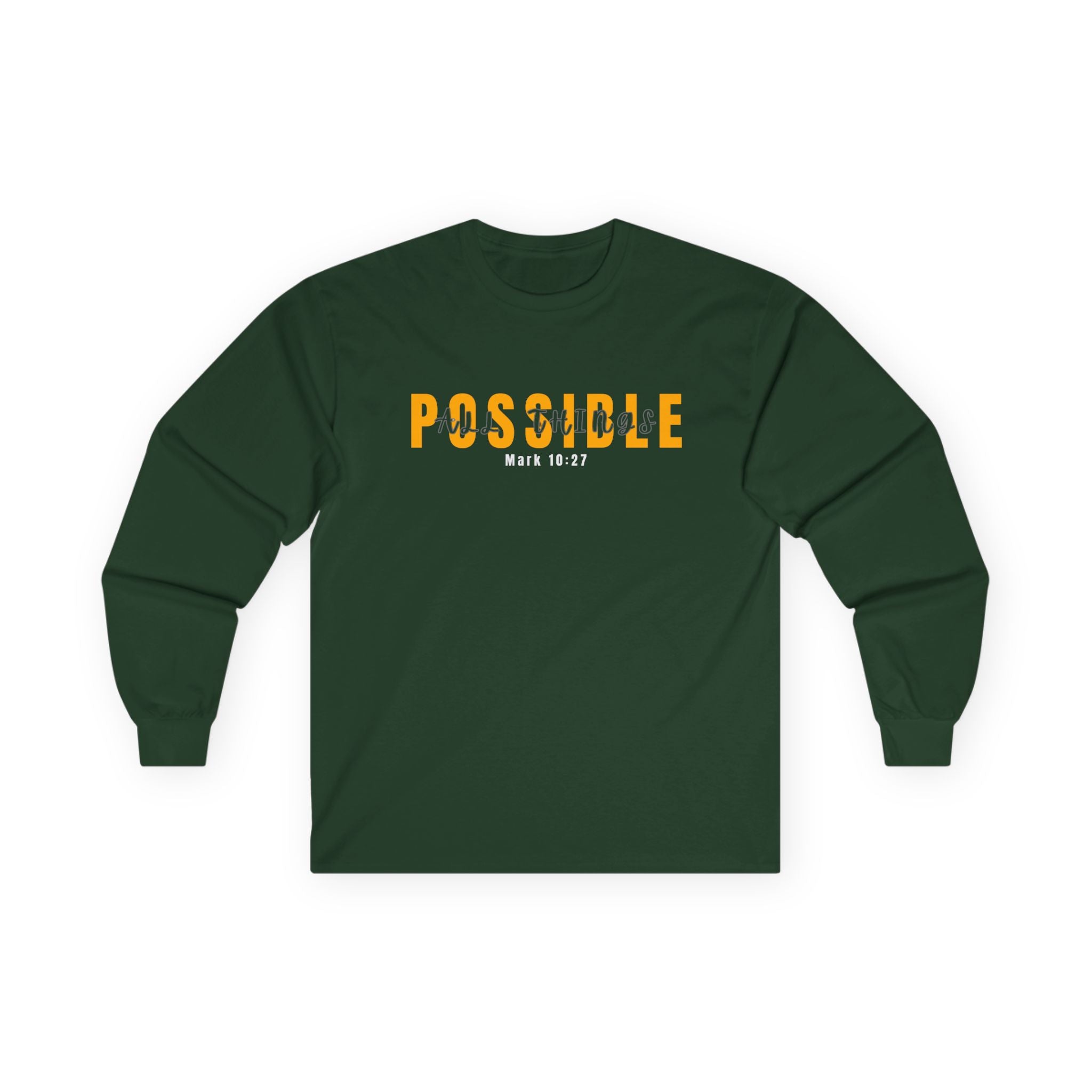 Possible Long Sleeve Tee — Inspirational "Possible" Design (Mark 10:27)