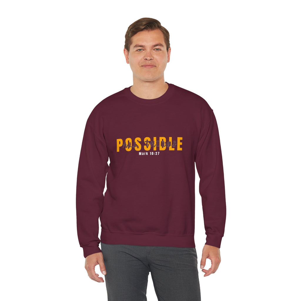 Christian Crewneck Sweatshirt "Possible" Pullover, Mark 10:27 Scripture Apparel, All Things Are Possible Faith Graphic Sweatshirt