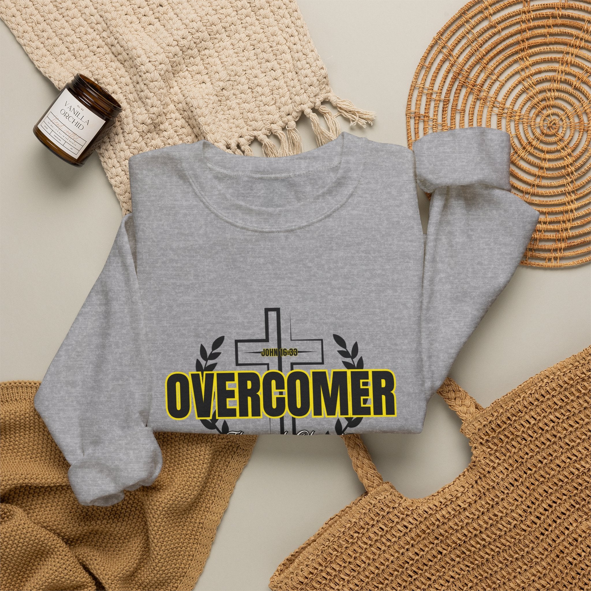 "Overcomer" Cross Graphic Crewneck – Unisex Minimalist Faith Pullover