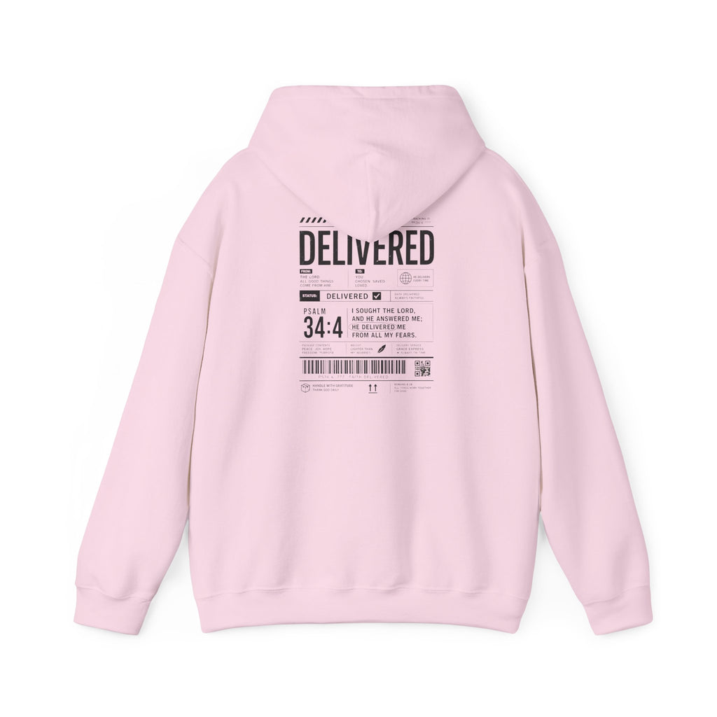 Christian Graphic Hoodie 'Delivered' Shipping Label Pullover, Faith-Based Streetwear Sweatshirt