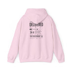 Christian Graphic Hoodie 'Delivered' Shipping Label Pullover, Faith-Based Streetwear Sweatshirt