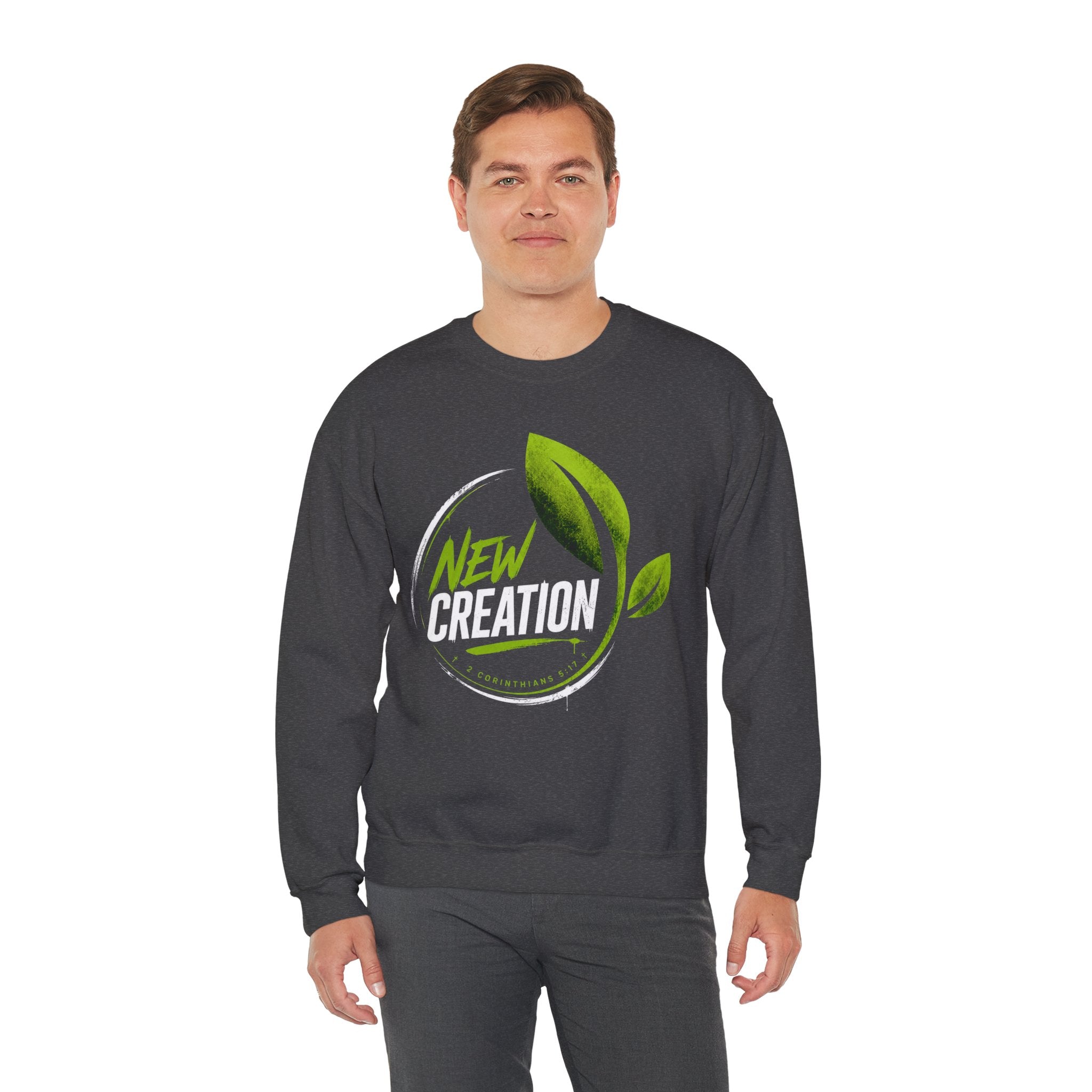 Christian Crewneck Sweatshirt "New Creation" Pullover, 2 Corinthians 5:17 Scripture Apparel, Green Leaf Graphic Sweatshirt