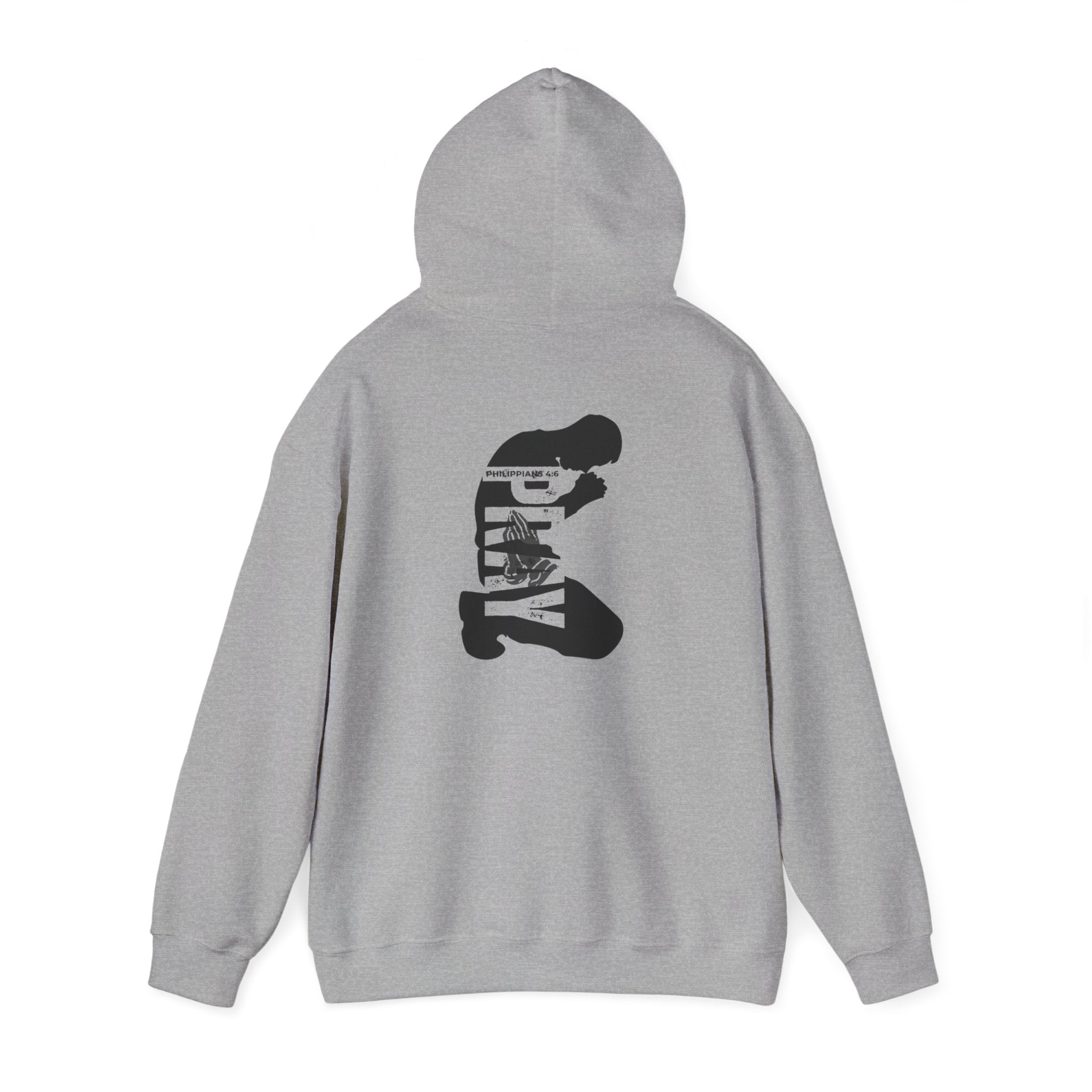 Minimal 'Pray More, Panic Less' Hoodie — Monochrome Graphic Back Print
