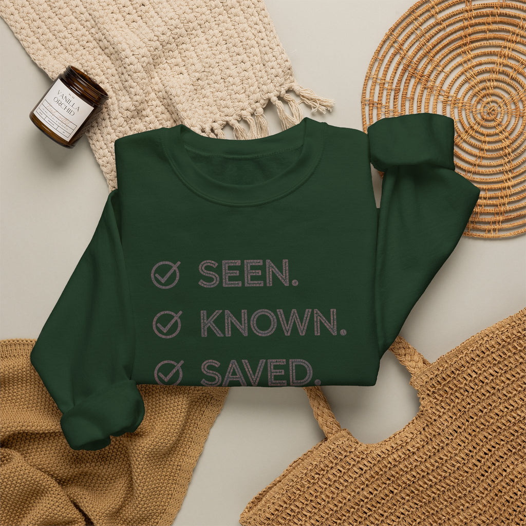 Christian Crewneck Sweatshirt "Seen Known Saved" Pullover, Gospel Faith Message Apparel, Inspirational Religious Sweatshirt