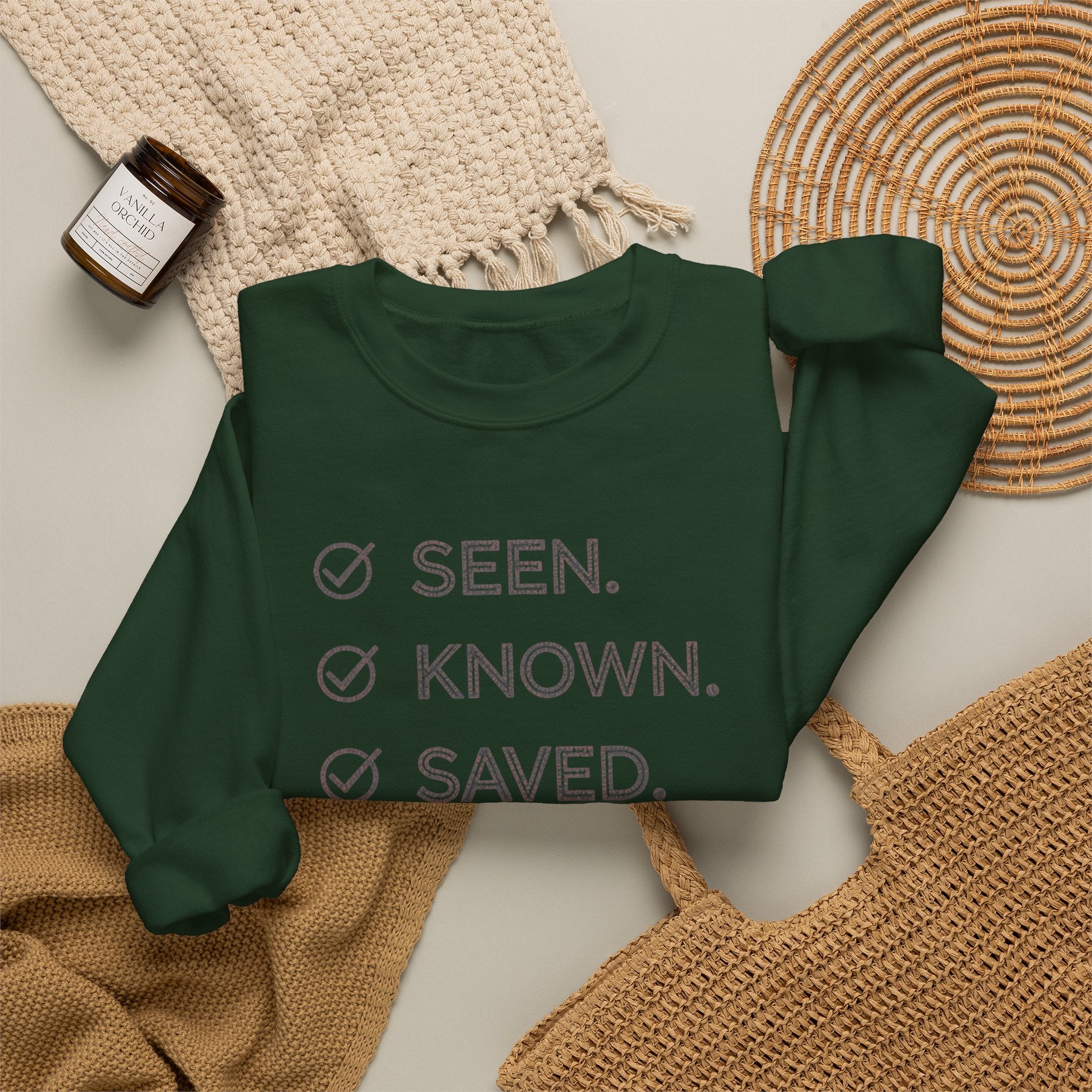 Christian Crewneck Sweatshirt "Seen Known Saved" Pullover, Gospel Faith Message Apparel, Inspirational Religious Sweatshirt