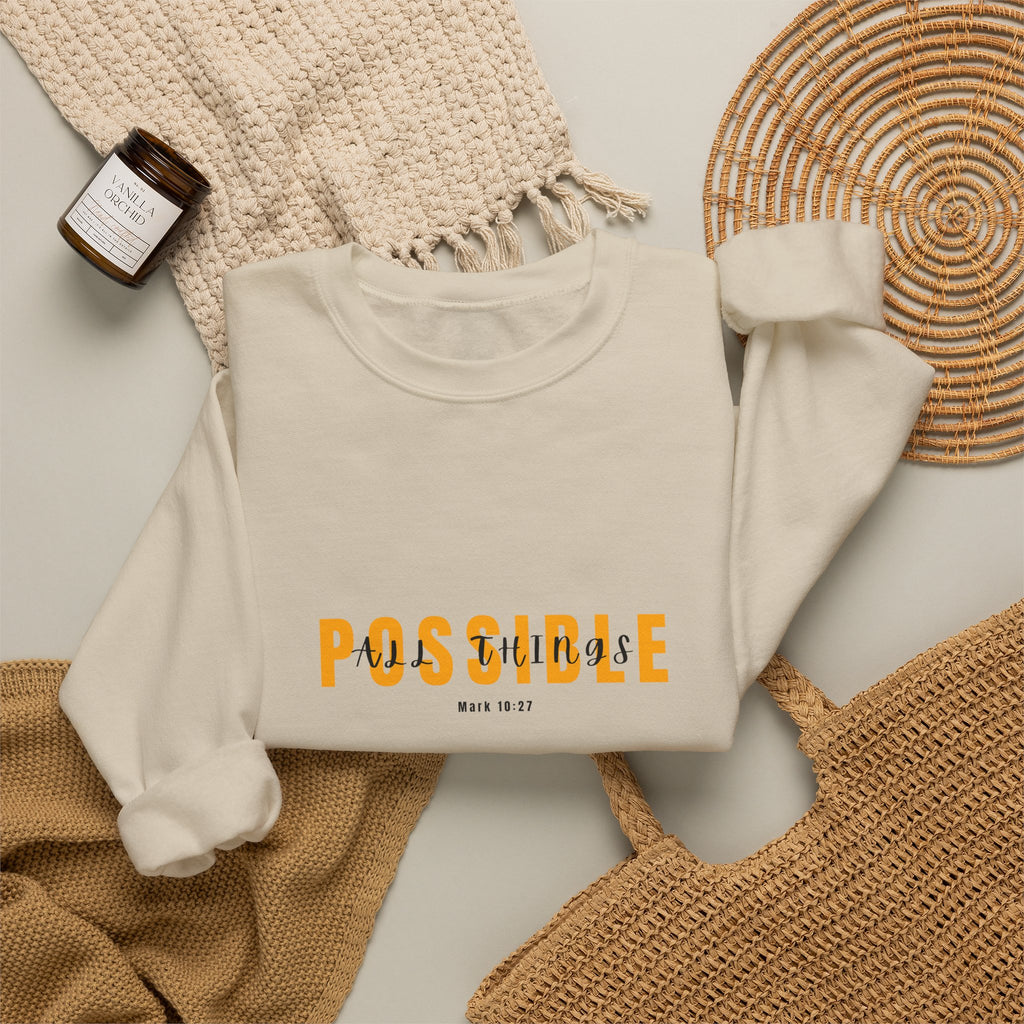 Christian Crewneck Sweatshirt "All Things Possible" Pullover, Inspirational Scripture Apparel, Faith Typography Graphic Sweatshirt