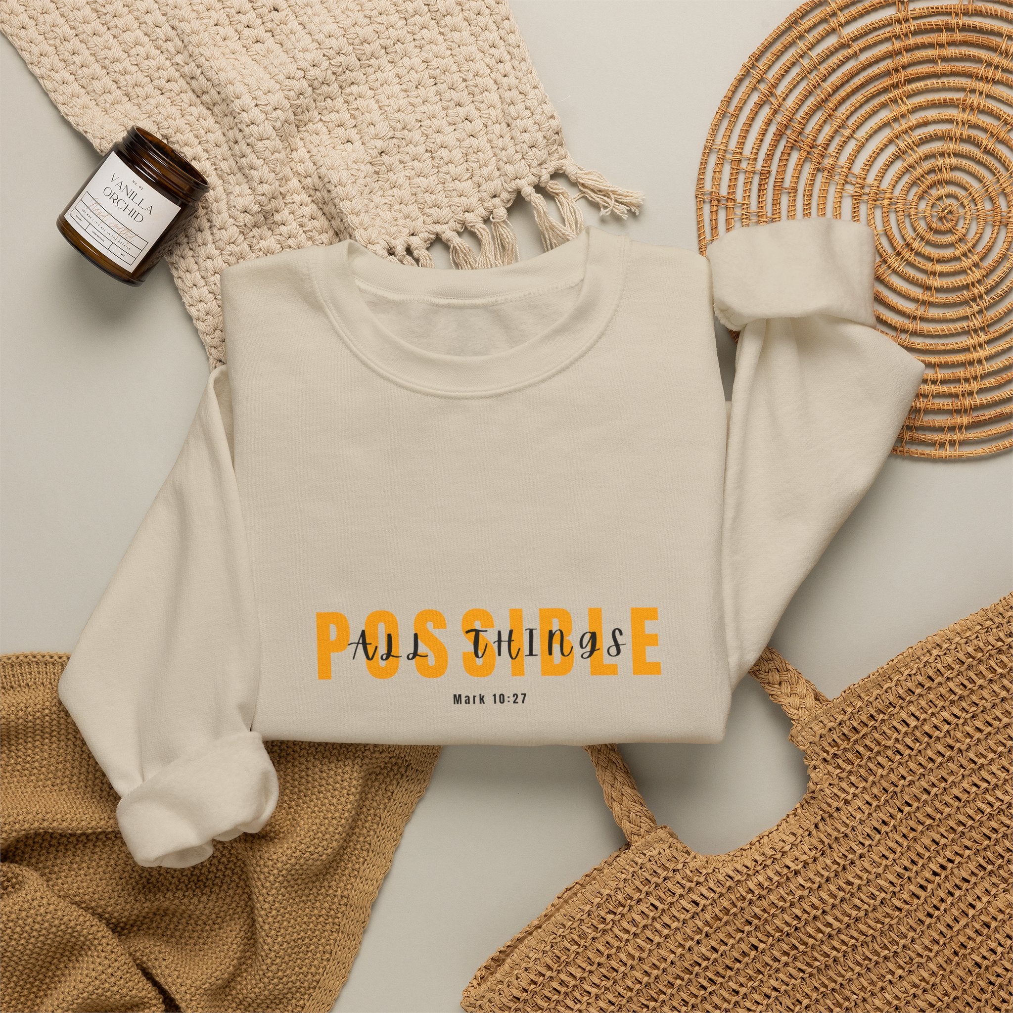 Christian Crewneck Sweatshirt "All Things Possible" Pullover, Inspirational Scripture Apparel, Faith Typography Graphic Sweatshirt