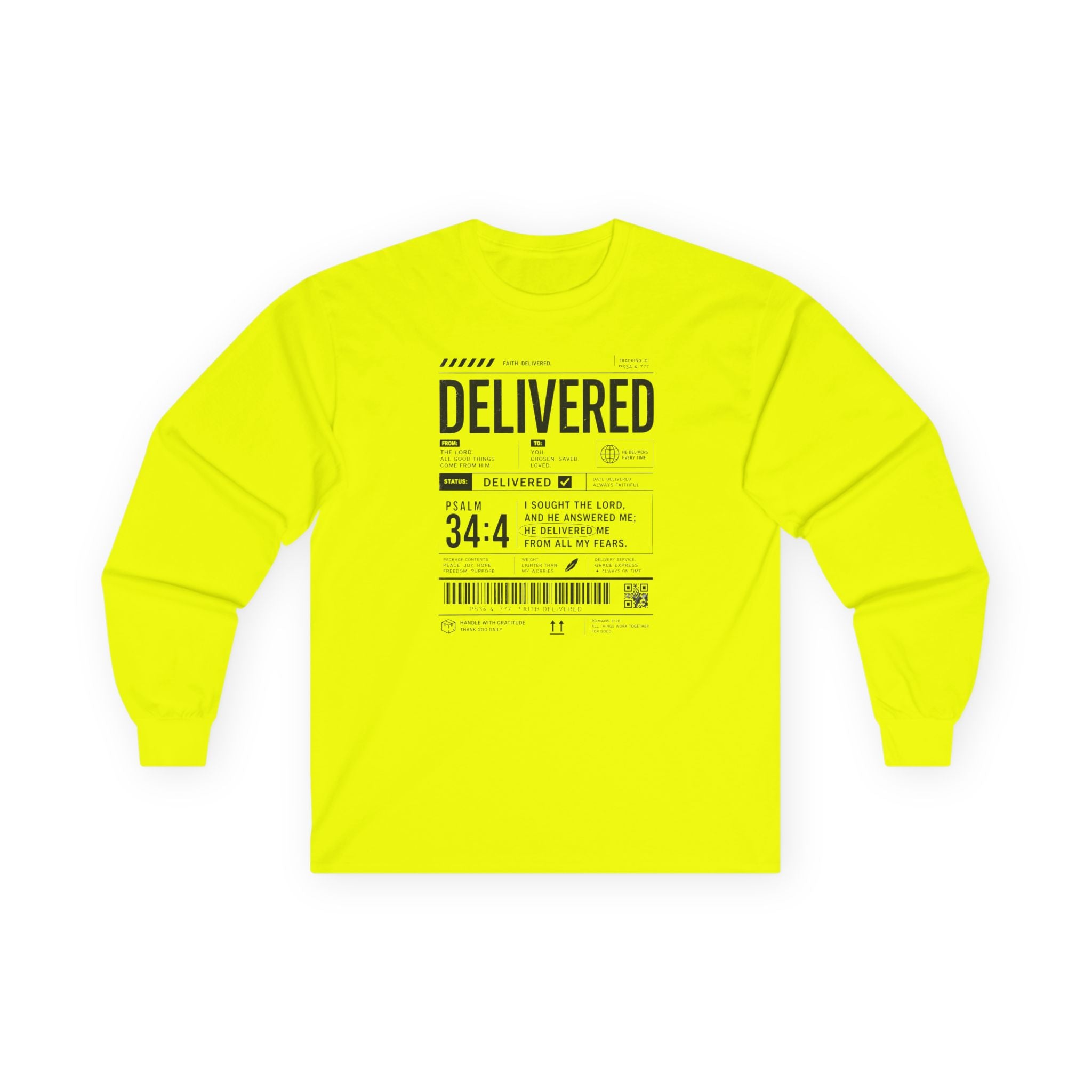 Long Sleeve Christian Tee — 'Delivered' Shipping Label Graphic