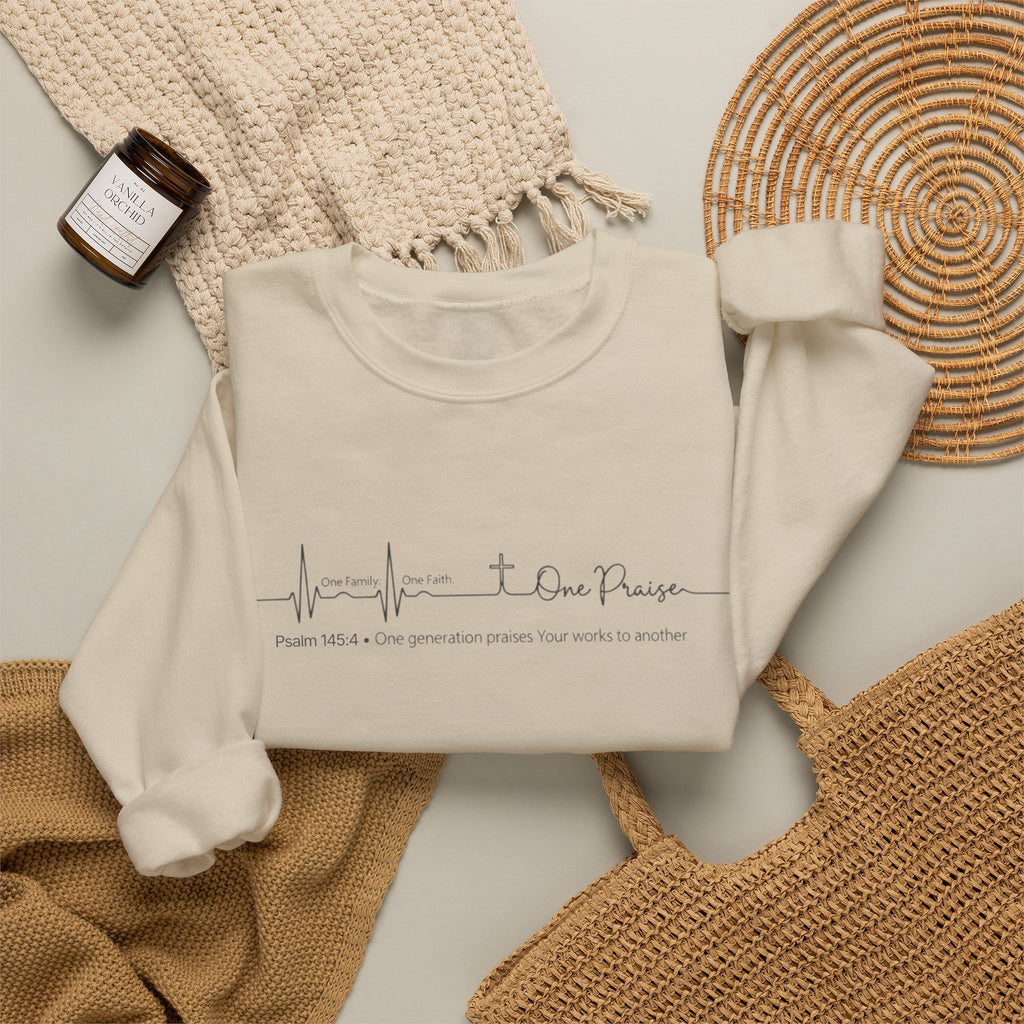 Christian Crewneck Sweatshirt "One Family One Faith One Praise" Pullover, Minimalist Heartbeat Script Apparel, Religious Graphic Sweatshirt