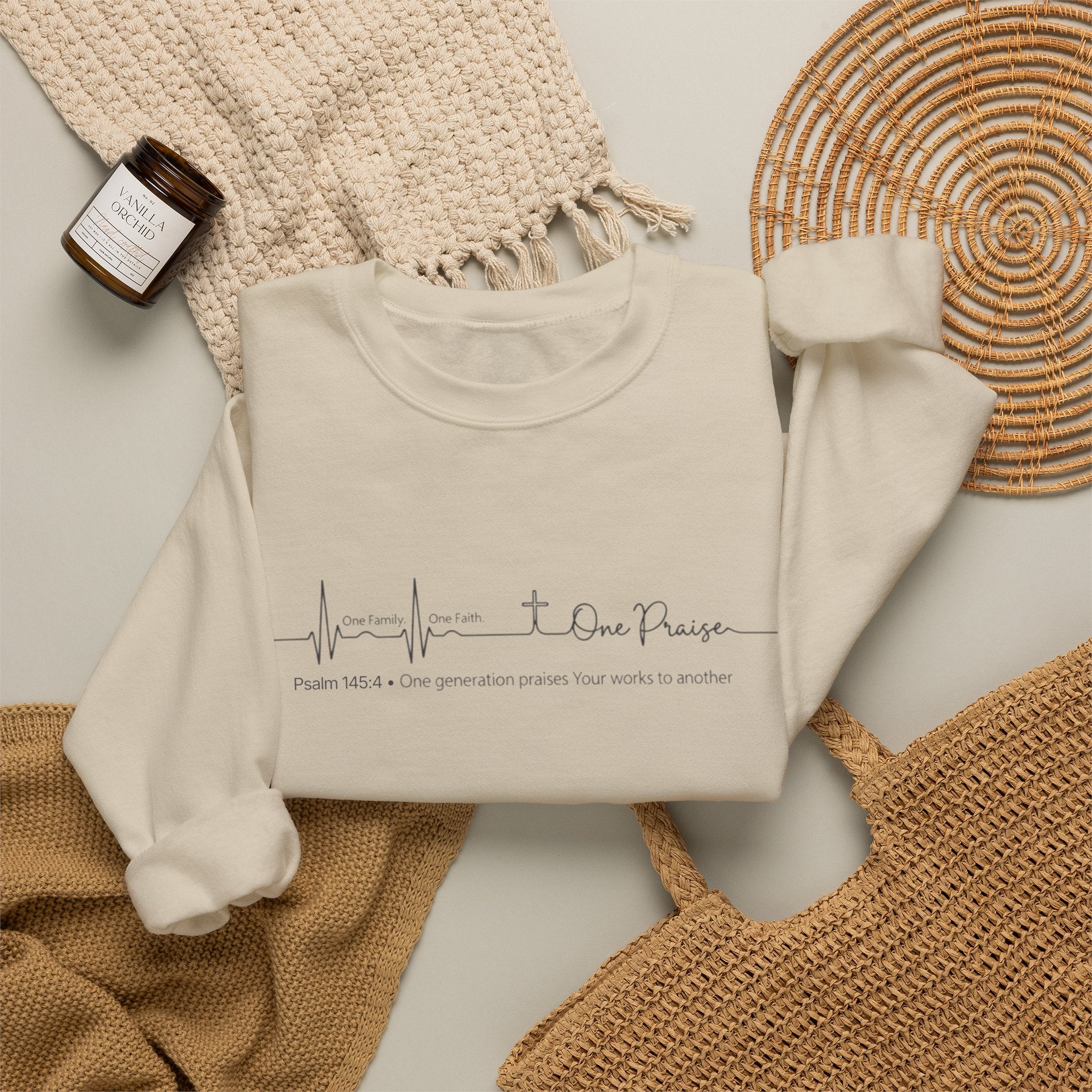 Christian Crewneck Sweatshirt "One Family One Faith One Praise" Pullover, Minimalist Heartbeat Script Apparel, Religious Graphic Sweatshirt