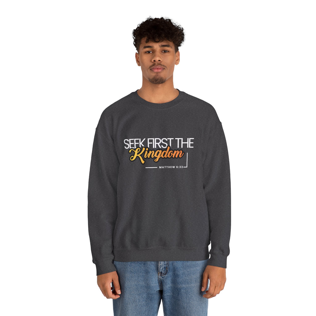 Christian Crewneck Sweatshirt "Seek First the Kingdom" Pullover, Matthew 6:33 Scripture Apparel, Inspirational Faith Graphic Sweatshirt