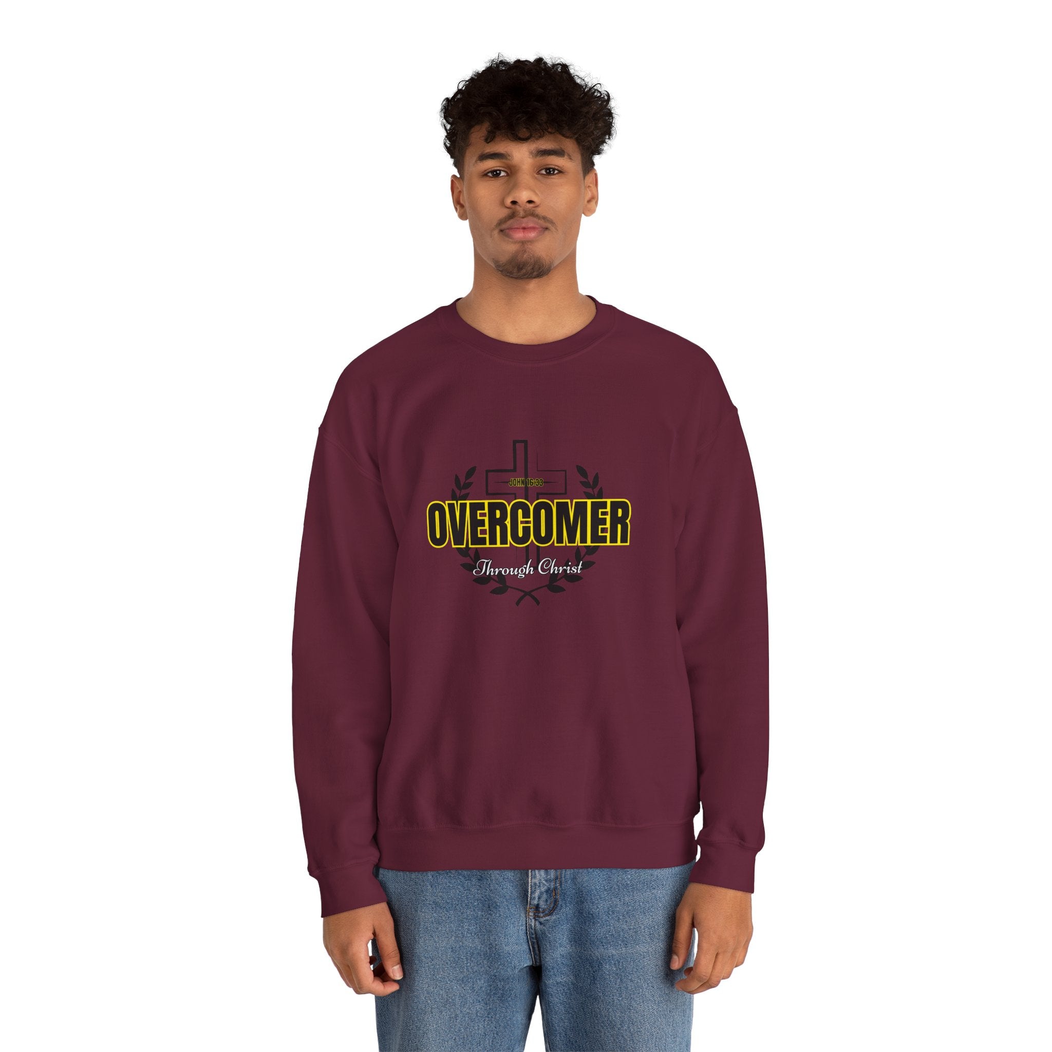 "Overcomer" Cross Graphic Crewneck – Unisex Minimalist Faith Pullover