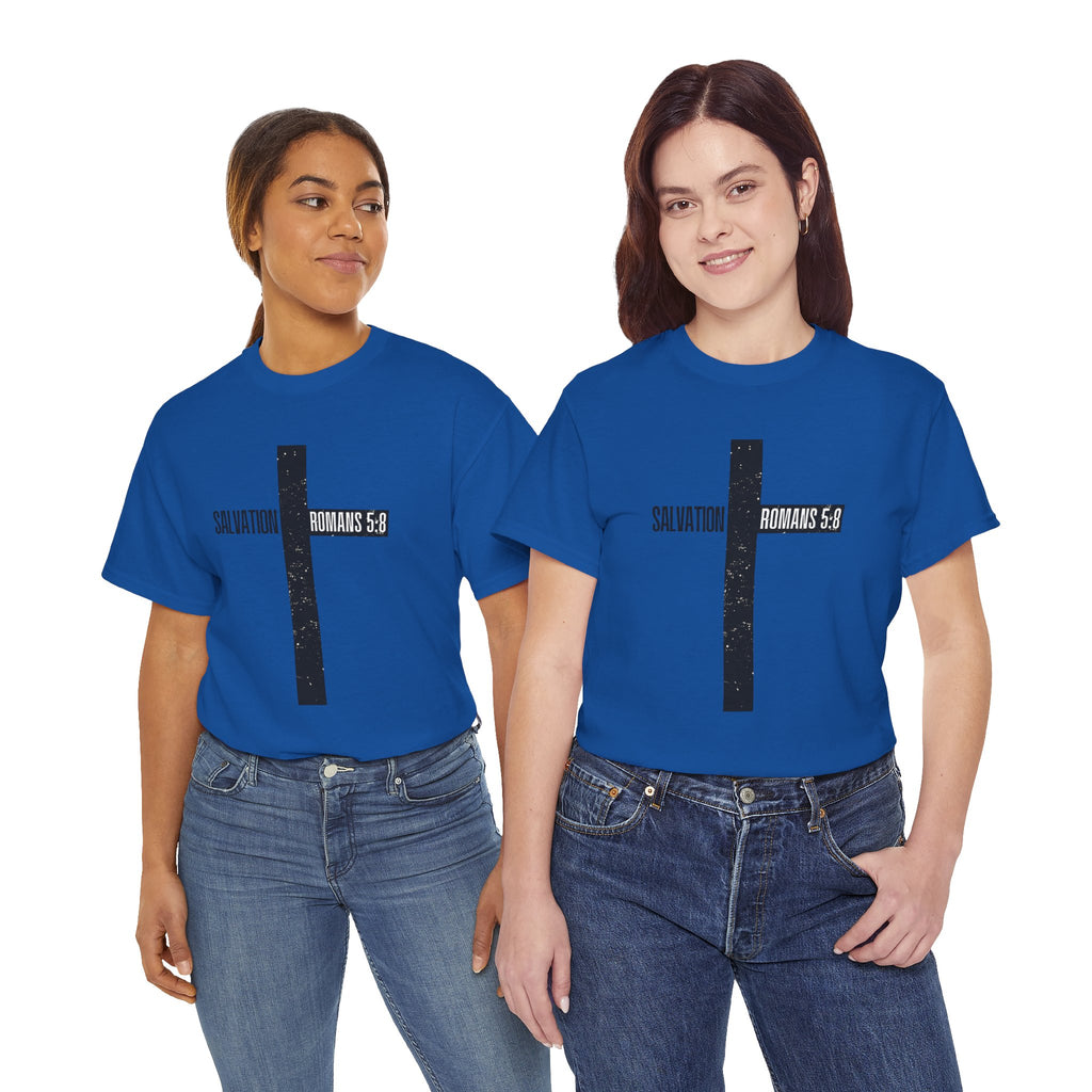 Christian Cross T-Shirt — "Salvation Romans 5:8" Faith Tee