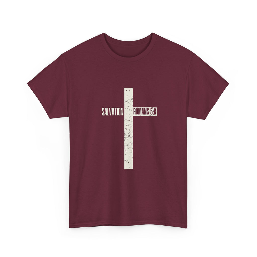 Christian Cross T-Shirt — "Salvation Romans 5:8" Faith Tee