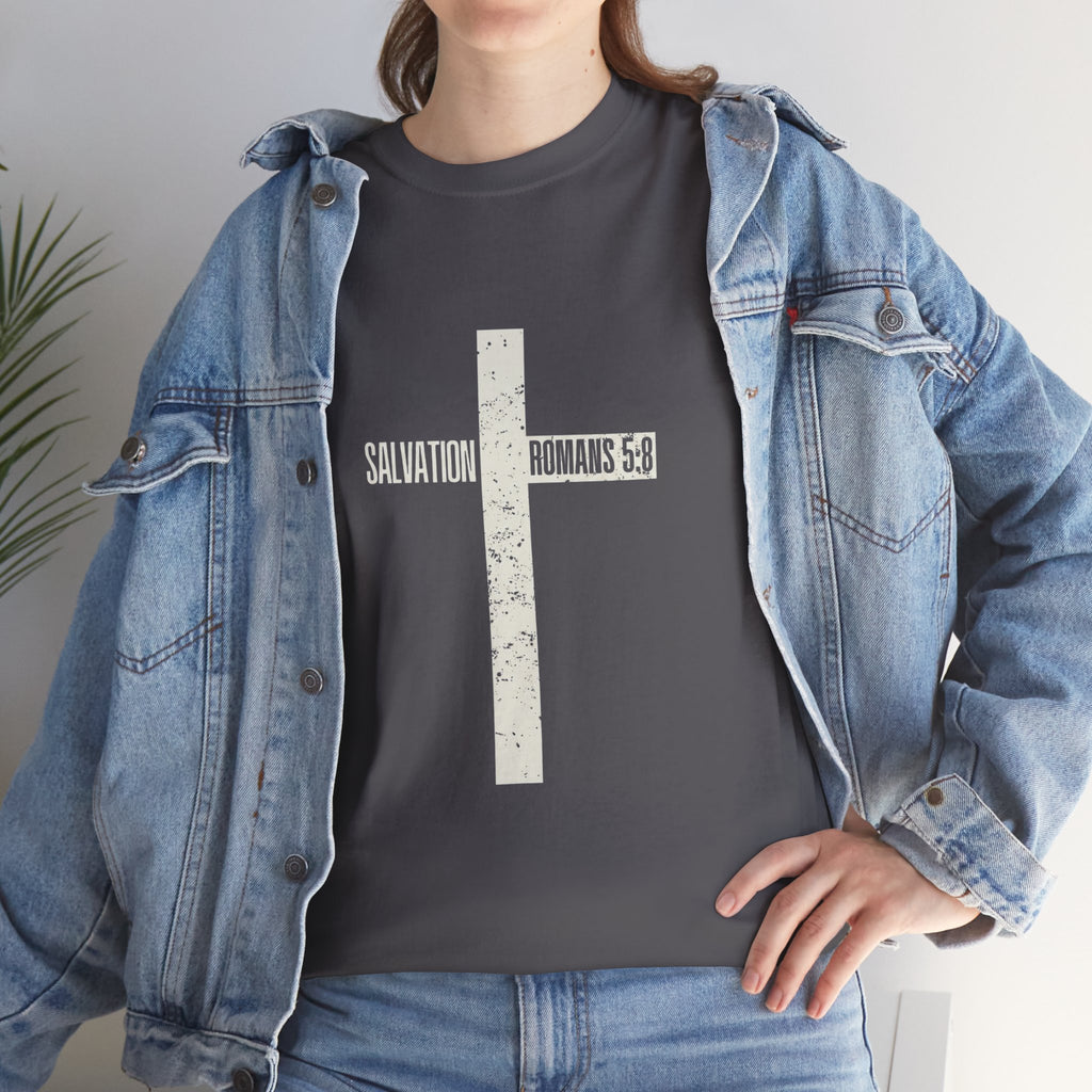 Christian Cross T-Shirt — "Salvation Romans 5:8" Faith Tee