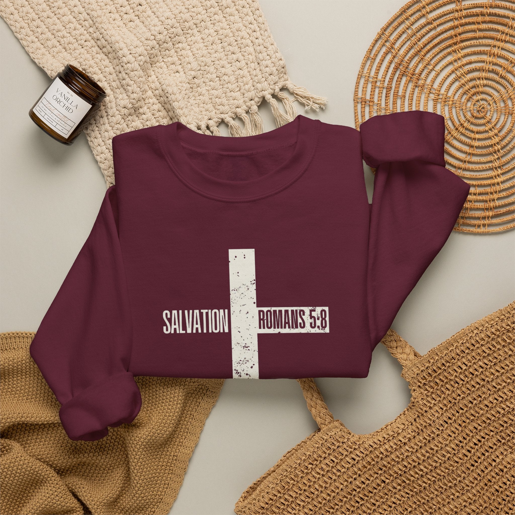 Christian Crewneck Sweatshirt "Salvation" Romans 5:8 Pullover, White Cross Graphic Apparel, Rustic Style Faith Sweatshirt