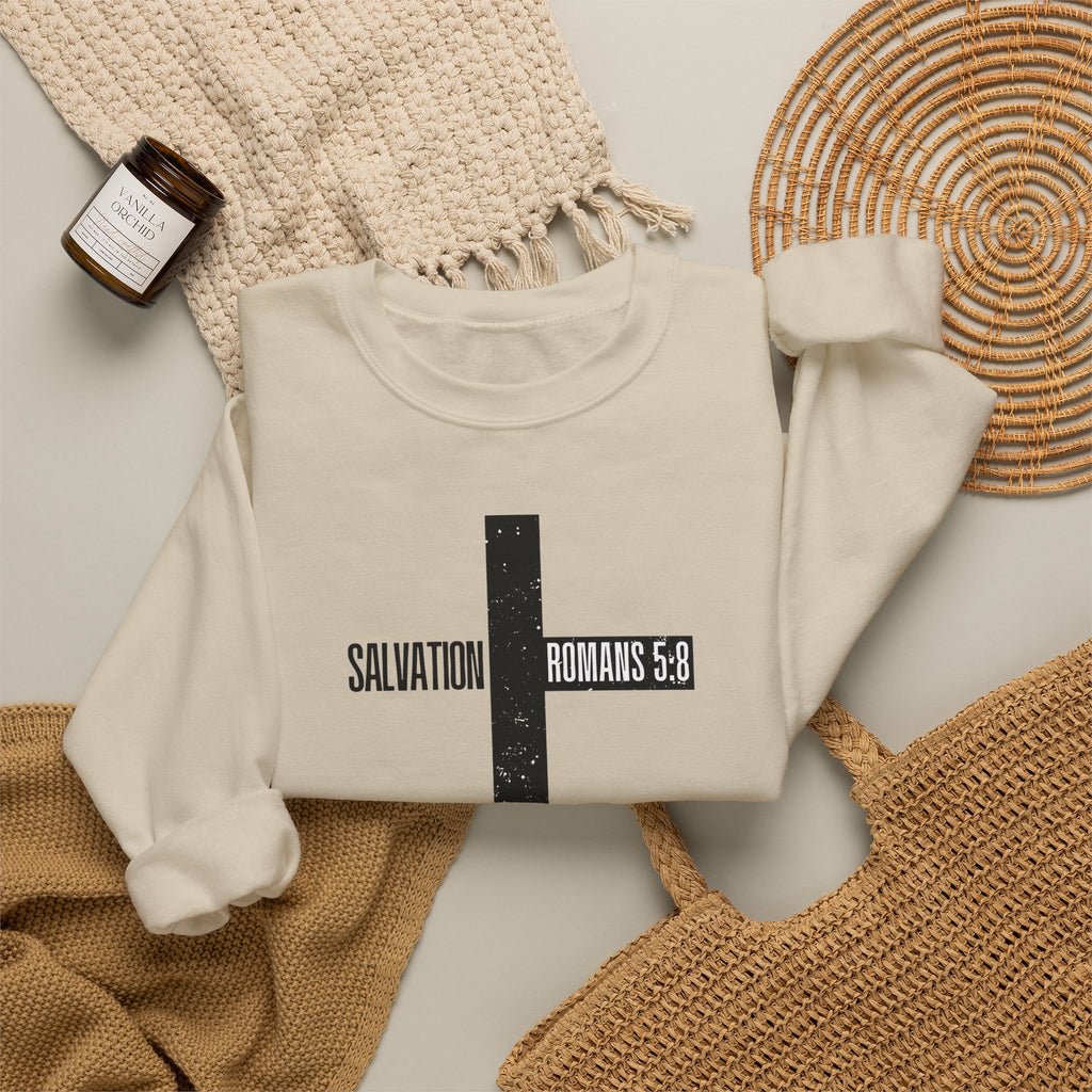 Christian Crewneck Sweatshirt "Salvation" Romans 5:8 Pullover, Jesus Cross Apparel, Faith Grace Graphic Sweatshirt