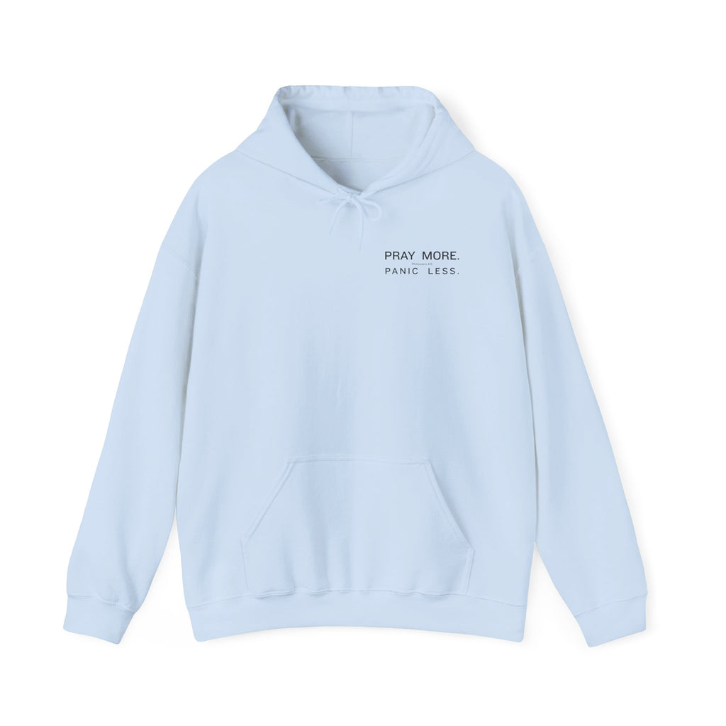 Minimal 'Pray More, Panic Less' Hoodie — Monochrome Graphic Back Print