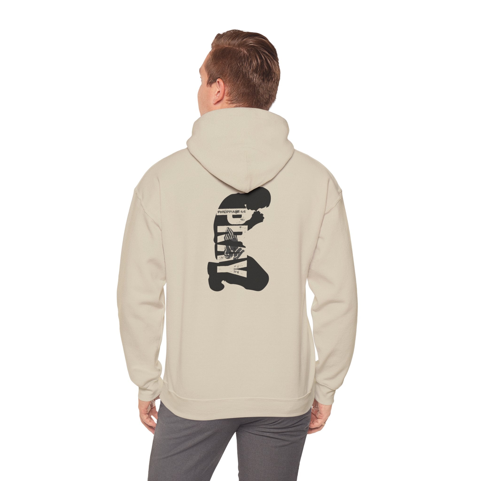 Minimal 'Pray More, Panic Less' Hoodie — Monochrome Graphic Back Print