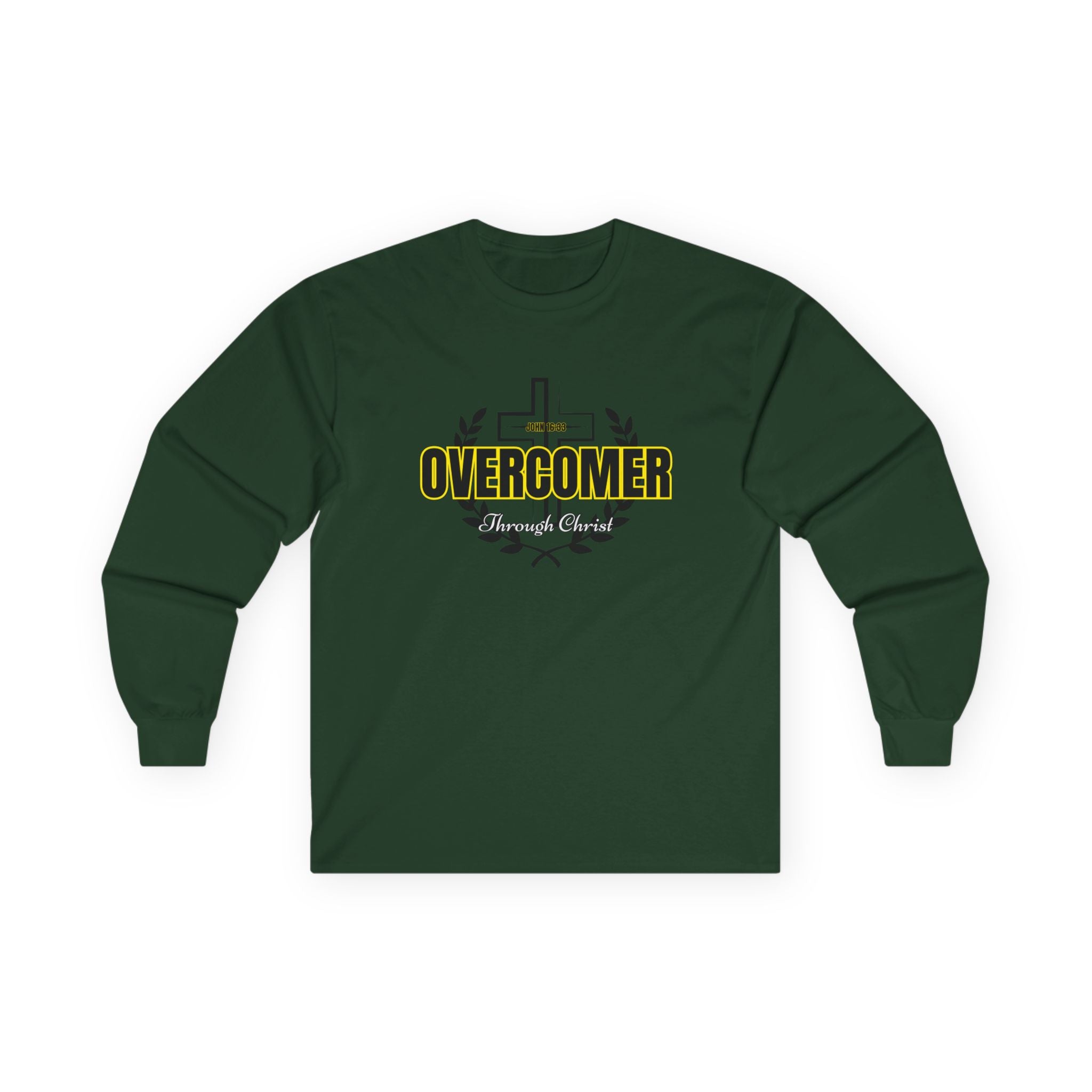 Overcomer Cross Long Sleeve Tee — Christian Faith Inspirational Shirt