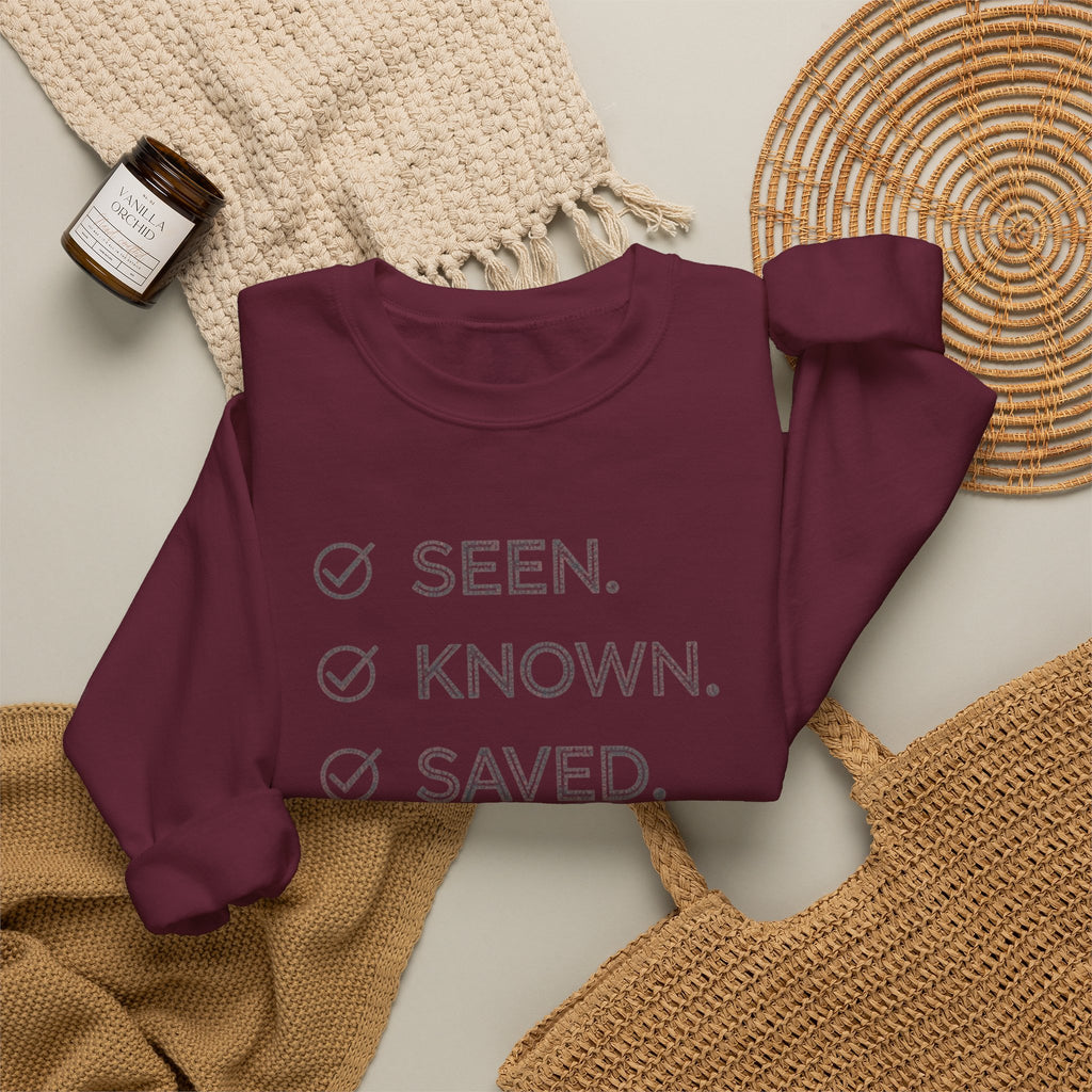 Christian Crewneck Sweatshirt "Seen Known Saved" Pullover, Gospel Faith Message Apparel, Inspirational Religious Sweatshirt