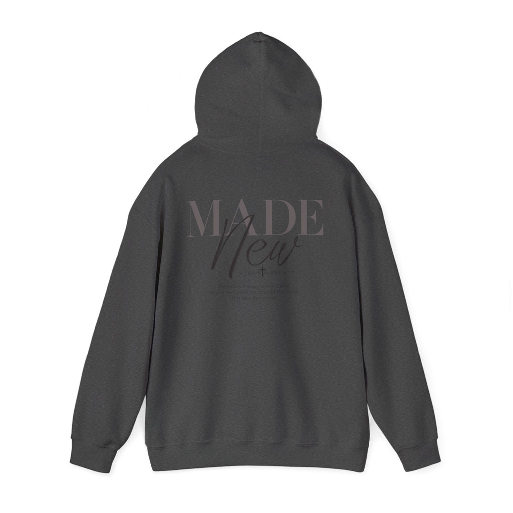 Inspirational Hoodie "Made New" Back Print Pullover, Christian Faith Sweatshirt, Minimalist Graphic Streetwear