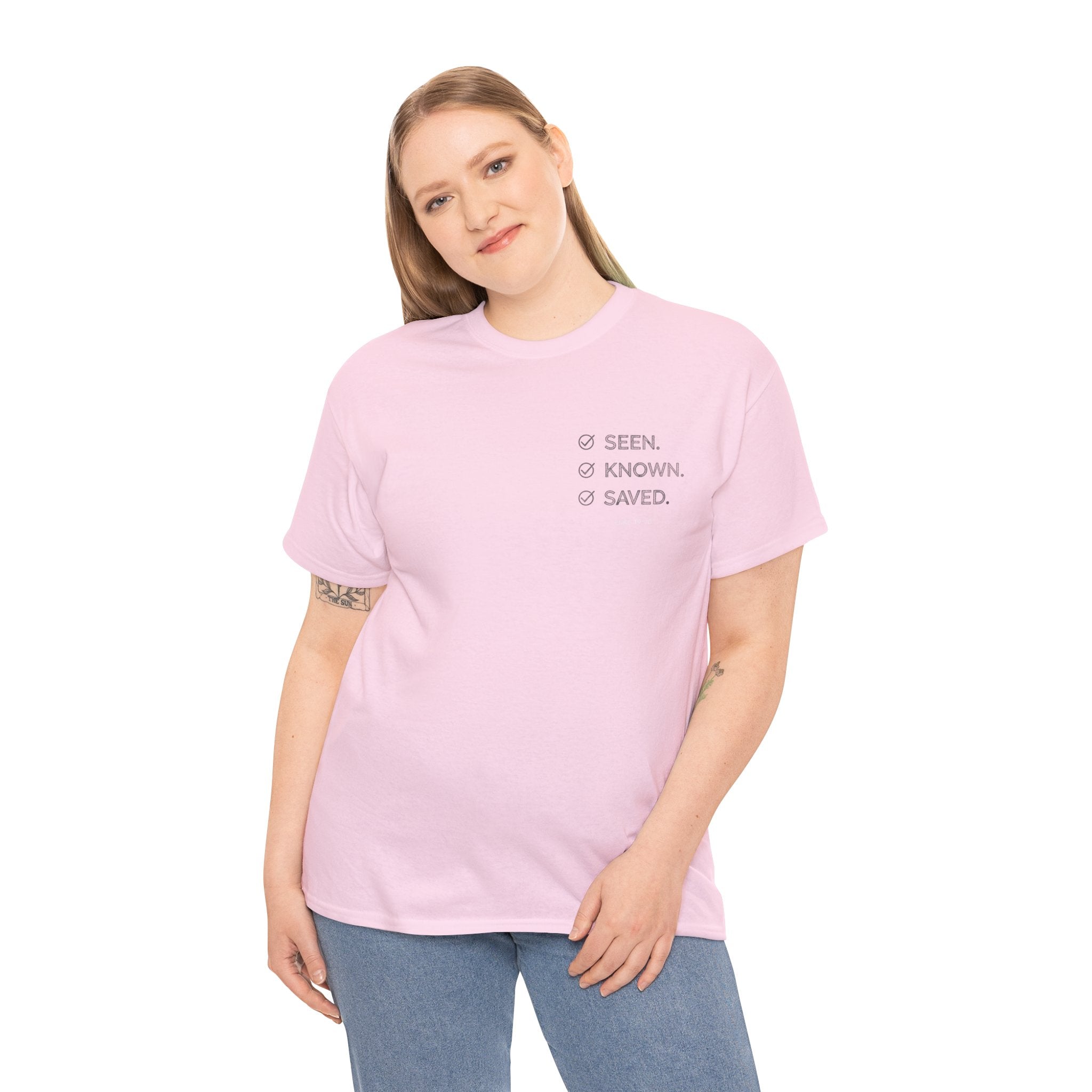 Black Text-Pattern T-Shirt — Seen Known Saved Christian Typography Graphic Tee