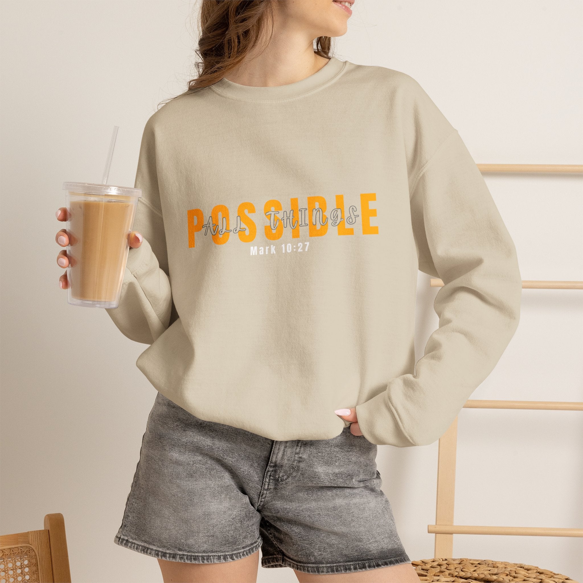 Christian Crewneck Sweatshirt "Possible" Pullover, Mark 10:27 Scripture Apparel, All Things Are Possible Faith Graphic Sweatshirt