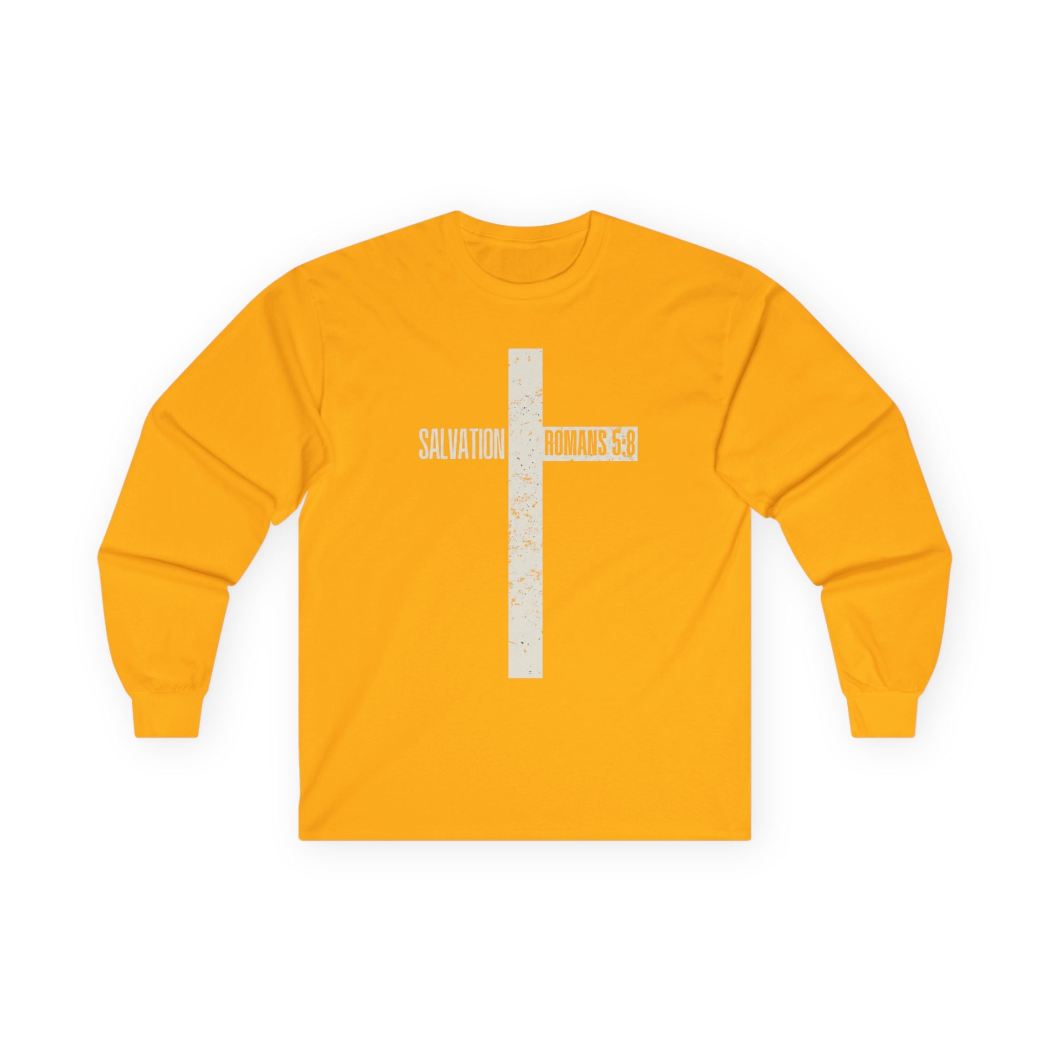 Salvation Cross Long Sleeve Tee — "Romans 5:8" Christian Faith Shirt