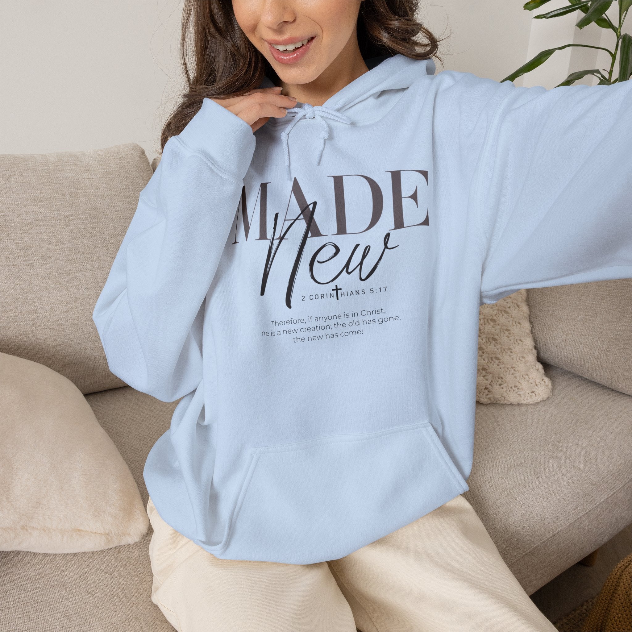 Minimalist Hoodie "Made New" Front Print Pullover, Inspirational Christian Sweatshirt, Aesthetic Faith Clothing