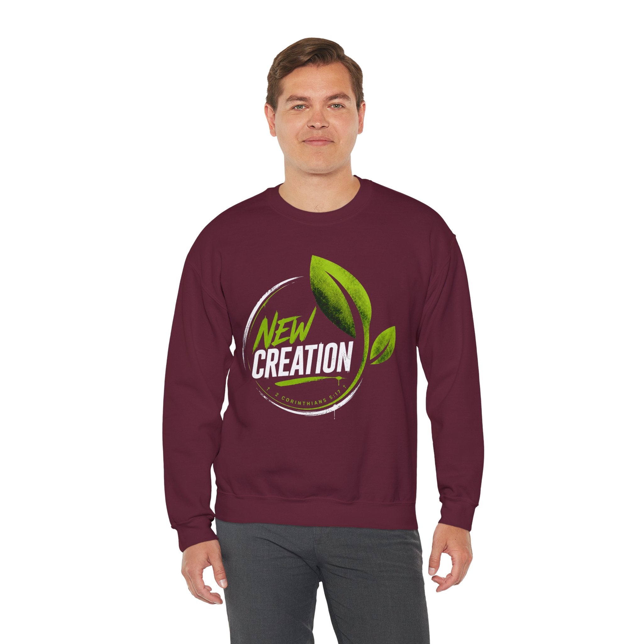 Christian Crewneck Sweatshirt "New Creation" Pullover, 2 Corinthians 5:17 Scripture Apparel, Green Leaf Graphic Sweatshirt