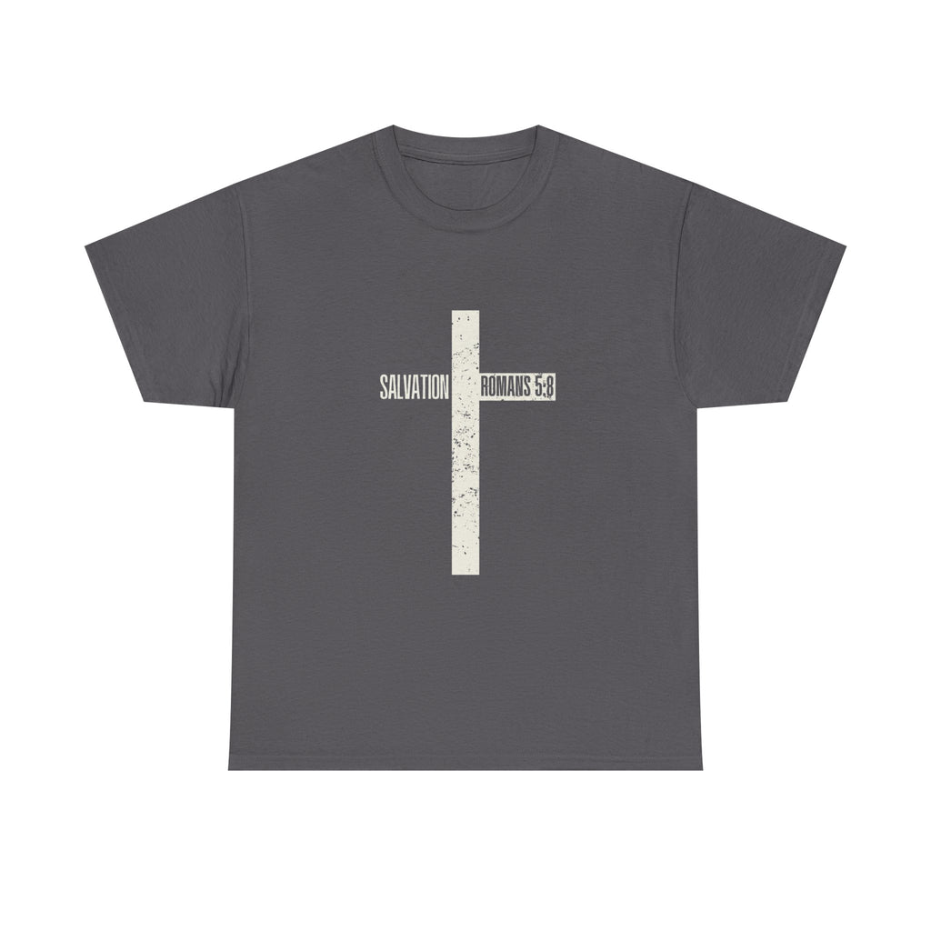 Christian Cross T-Shirt — "Salvation Romans 5:8" Faith Tee