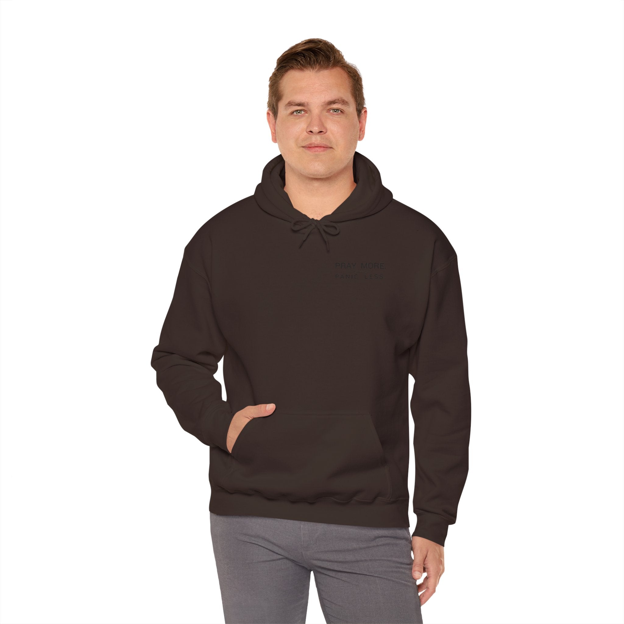 Minimal 'Pray More, Panic Less' Hoodie — Monochrome Graphic Back Print